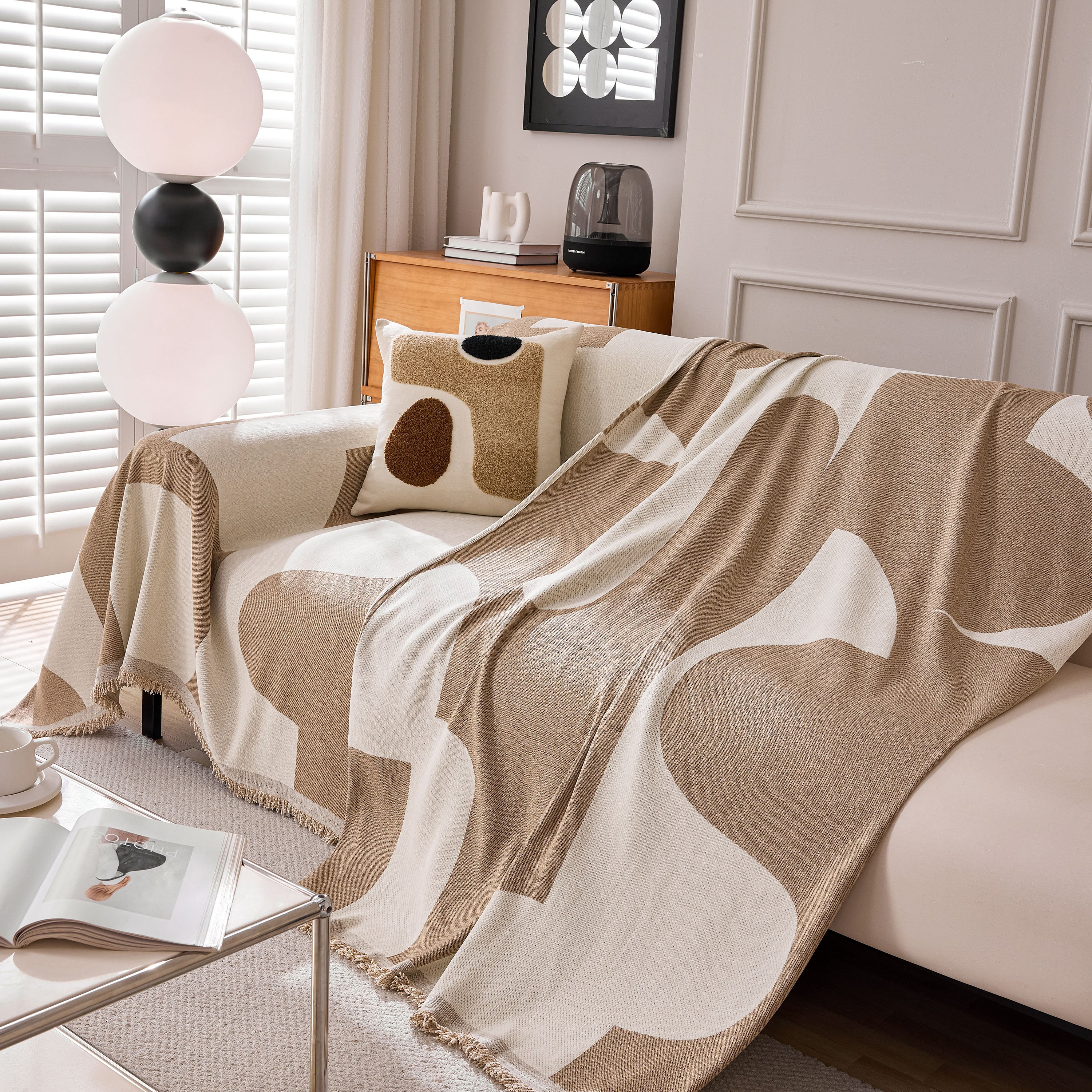 Modern Abstract Chenille Sofa Cover, Large Soft Throw Blanket with Tassels for Couch