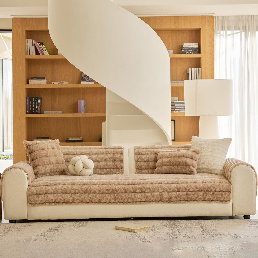 Plush Faux Rabbit Fur Sofa Cover, Warm Non-Slip Couch Protector for Leather Sofas