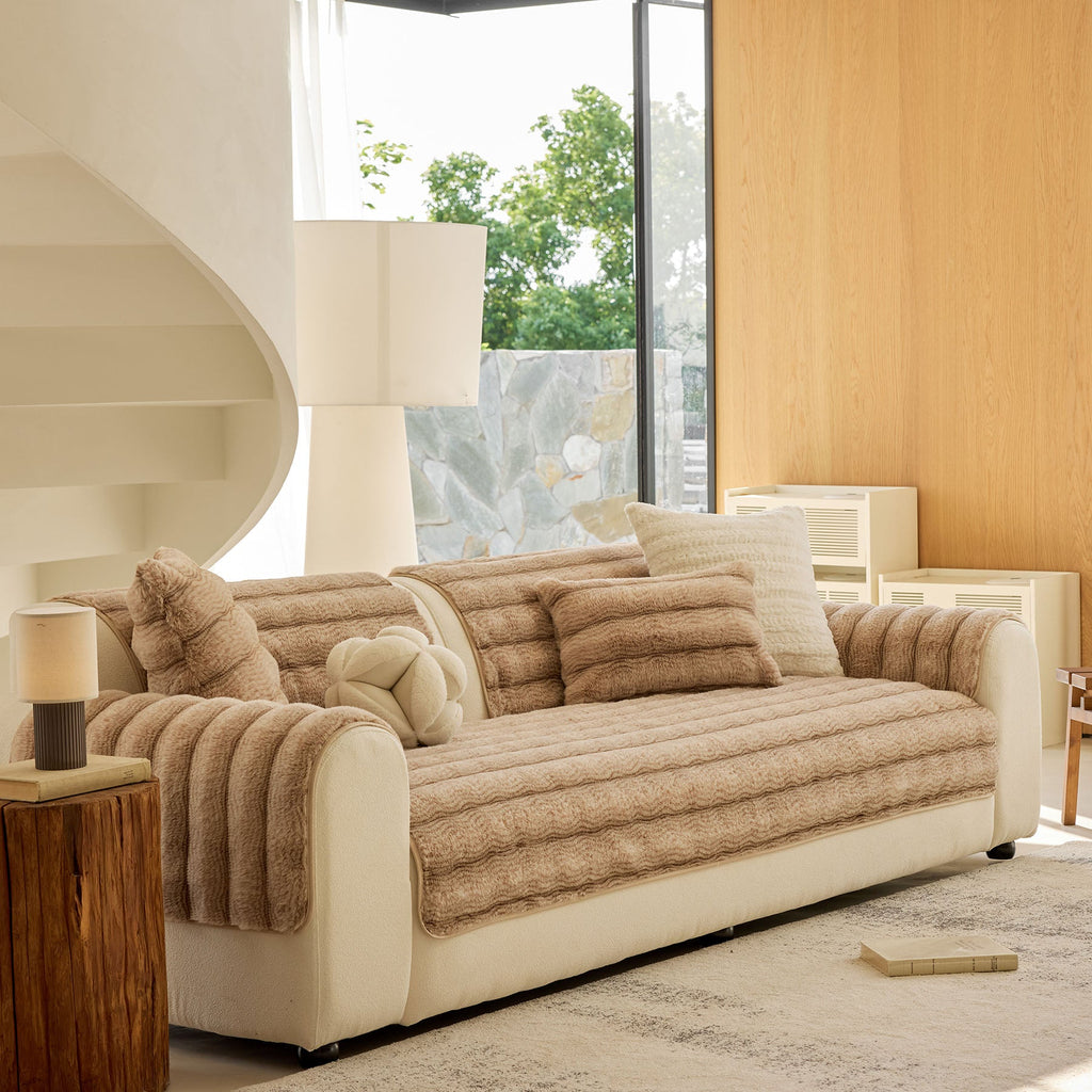Plush Faux Rabbit Fur Sofa Cover, Warm Non-Slip Couch Protector for Leather Sofas