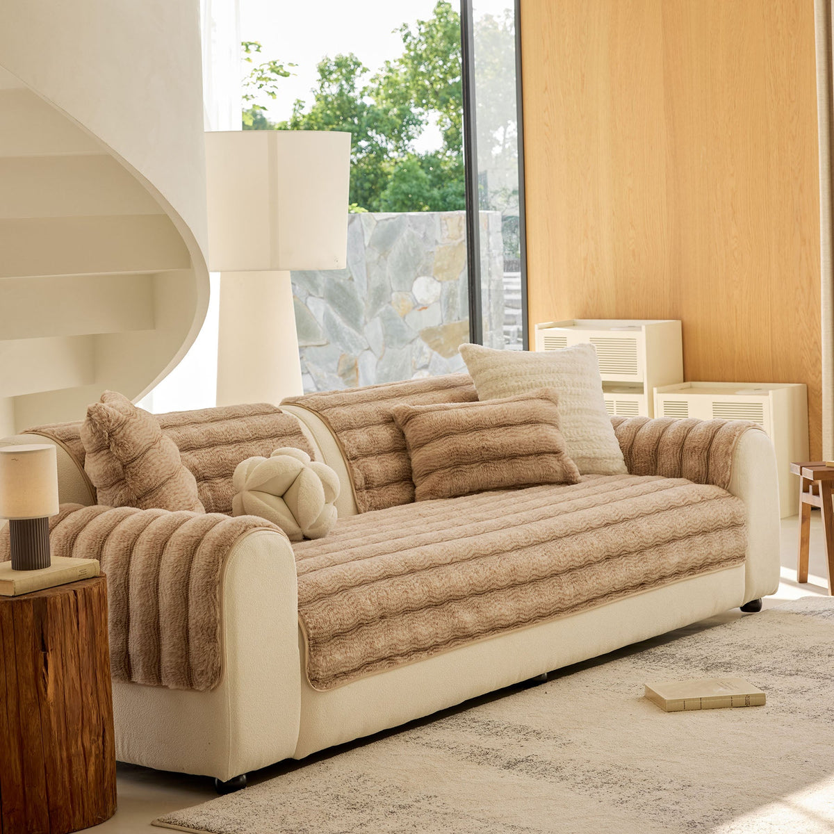 Plush Faux Rabbit Fur Sofa Cover, Warm Non-Slip Couch Protector for Leather Sofas