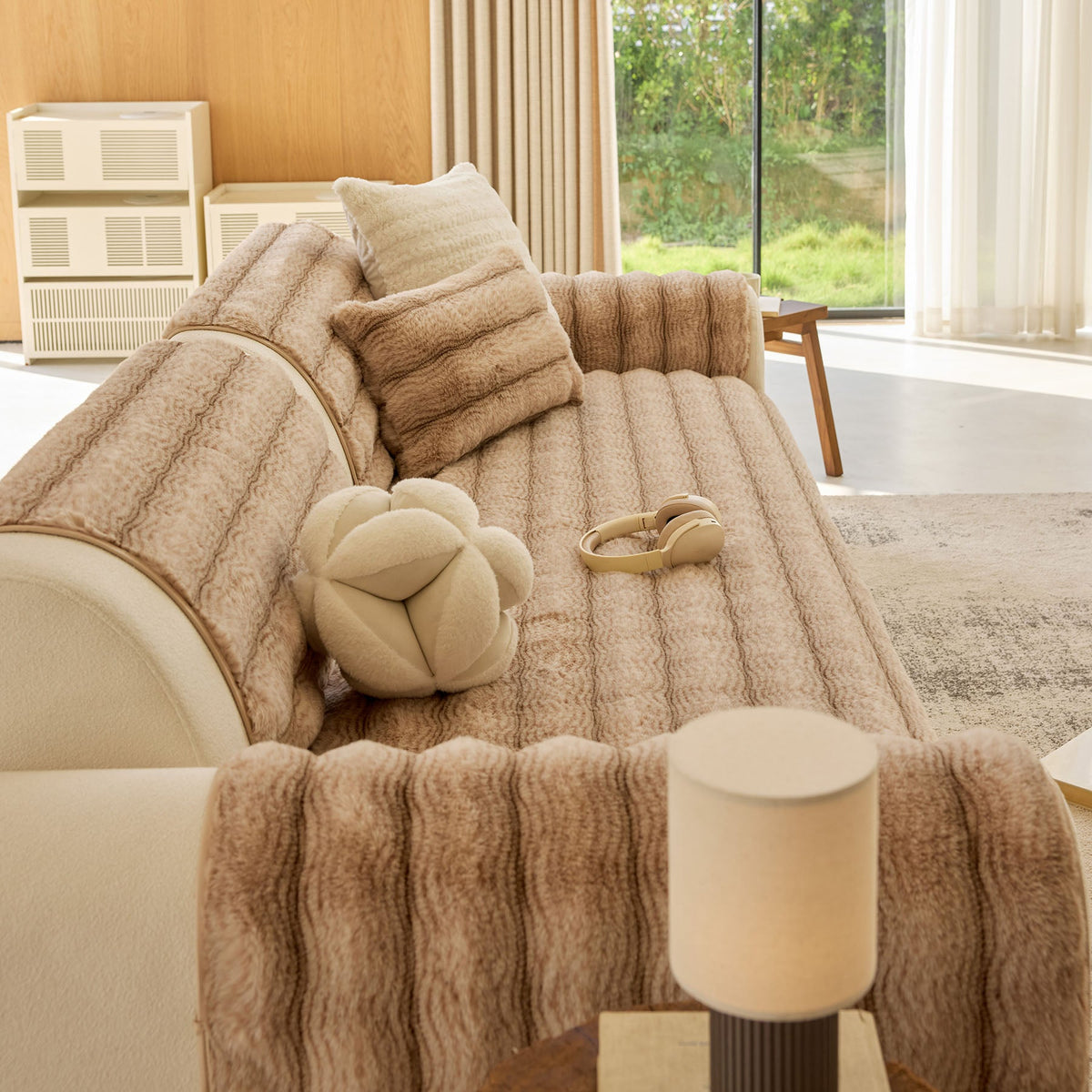 Plush Faux Rabbit Fur Sofa Cover, Warm Non-Slip Couch Protector for Leather Sofas