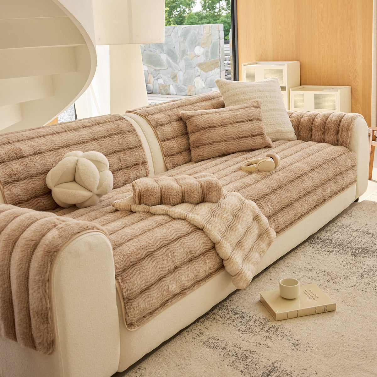 Plush Faux Rabbit Fur Sofa Cover, Warm Non-Slip Couch Protector for Leather Sofas