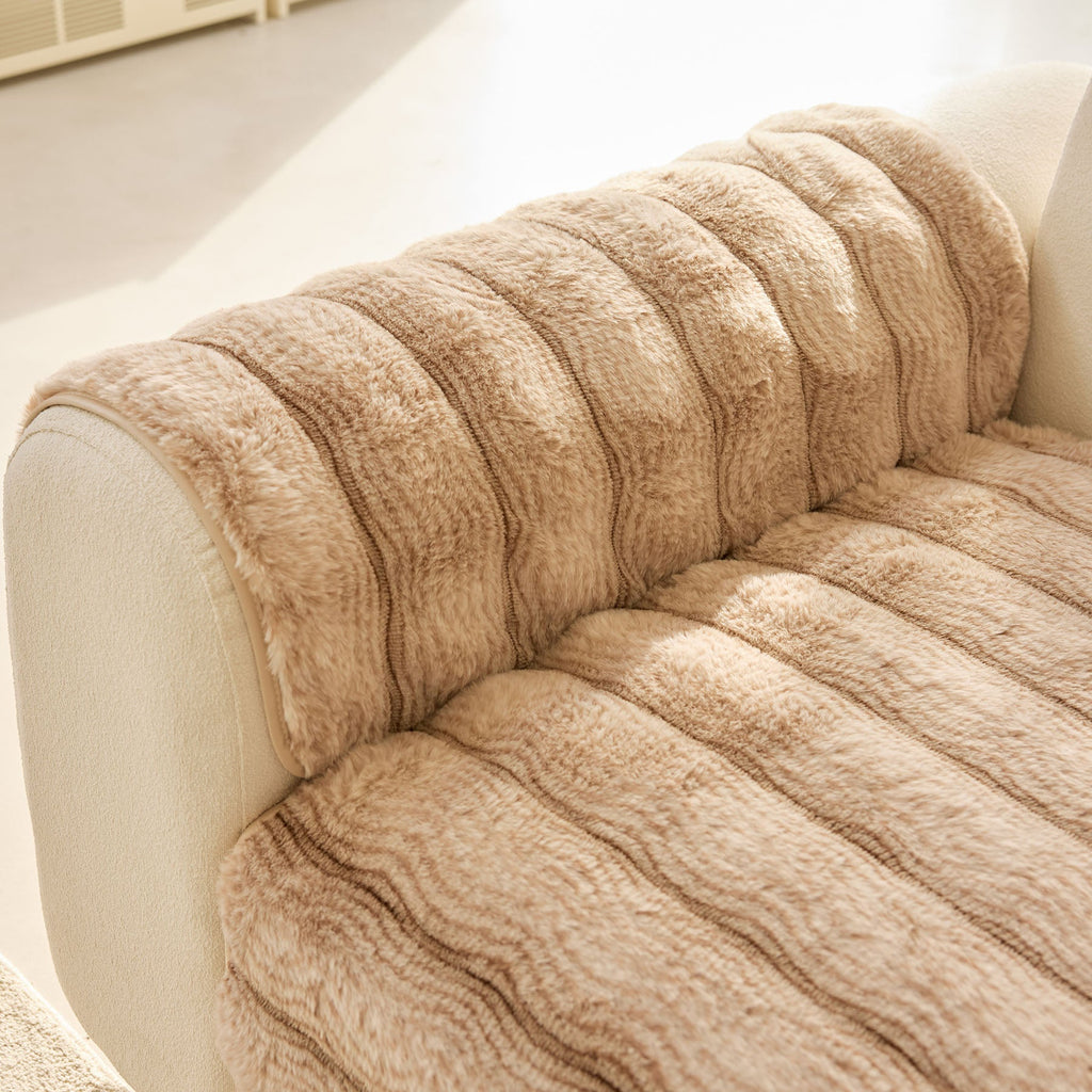 Plush Faux Rabbit Fur Sofa Cover, Warm Non-Slip Couch Protector for Leather Sofas