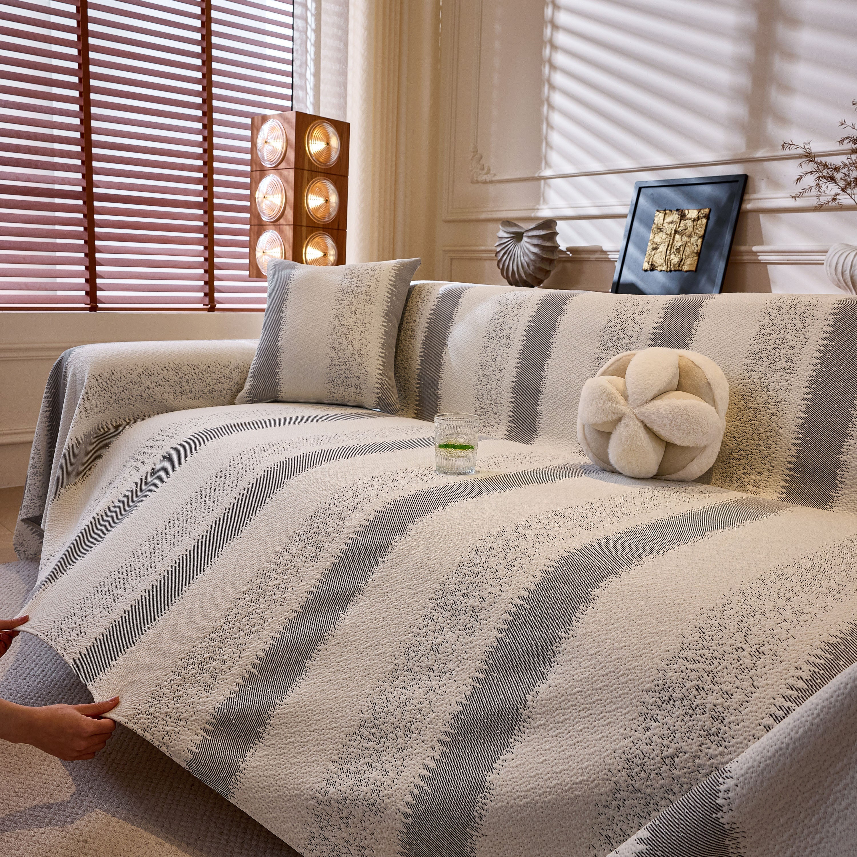 Modern Striped Couch Protector Blanket, Furniture Slipcover for L Shaped Sectionals