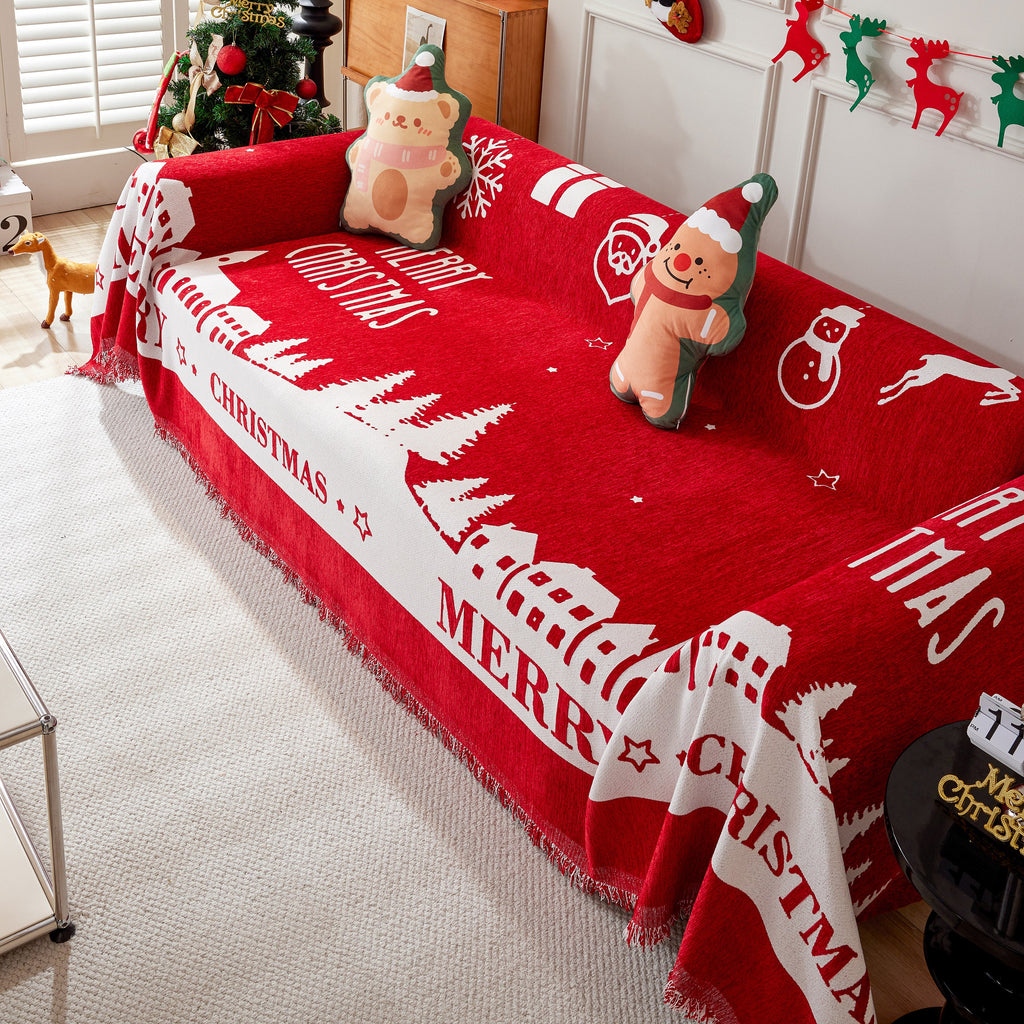 Merry Christmas Cozy Chenille Couch Cover Blanket, Non Slip Sofa Cover, Furniture Covers for Pets