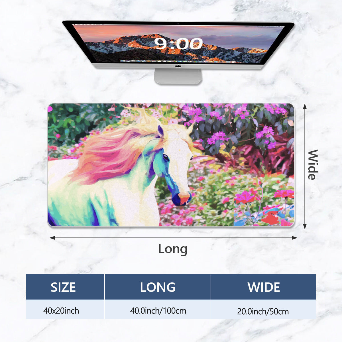 Pink Mane White Horse with Floral Background 40" x 20" Mousepad Desk Mat