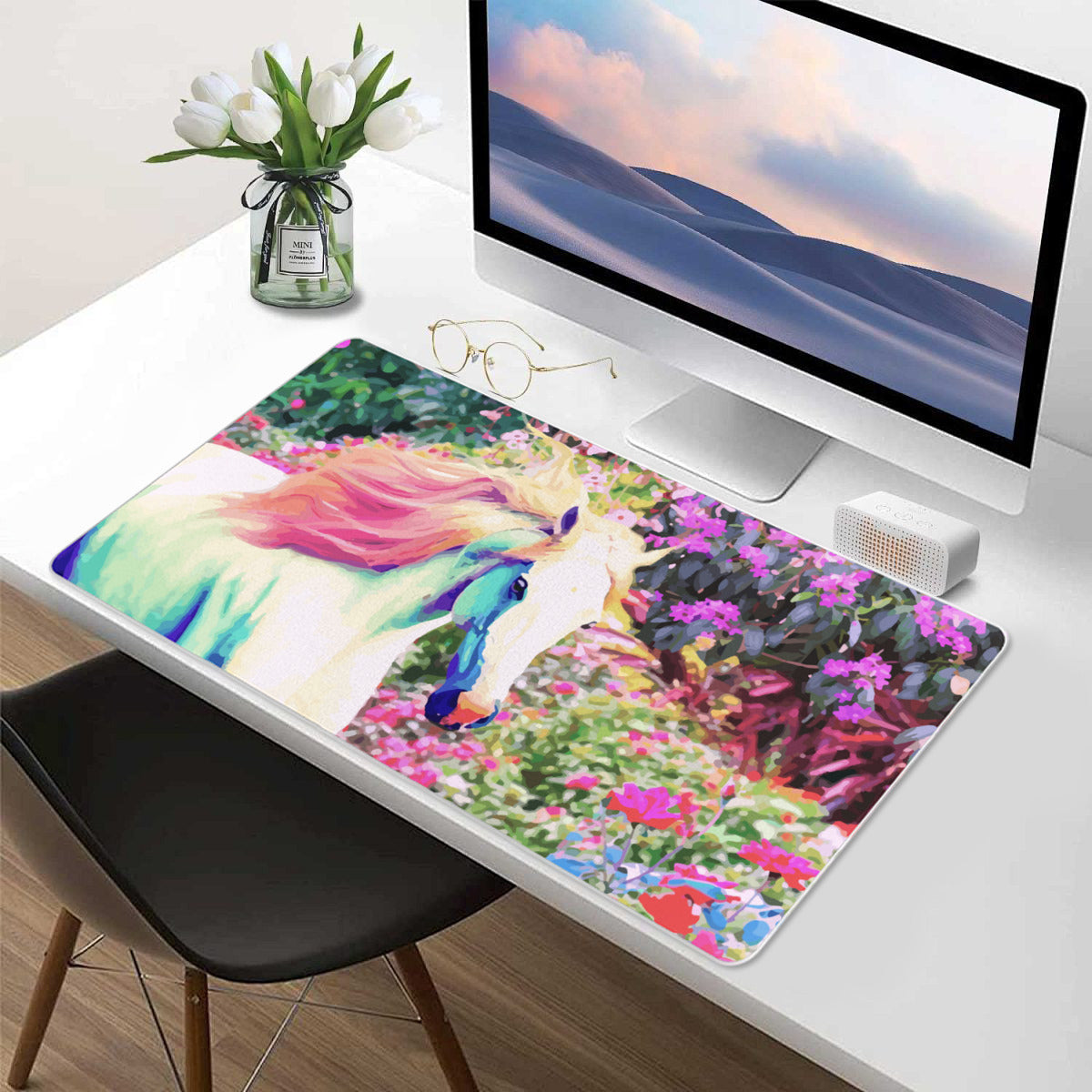 Pink Mane White Horse with Floral Background 40" x 20" Mousepad Desk Mat