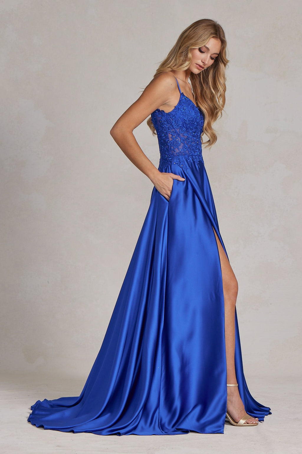 Delicate Lace Embellished A-Line Graduation Satin Gown w/ Side Pockets & Daring Leg Slit NXK1121
