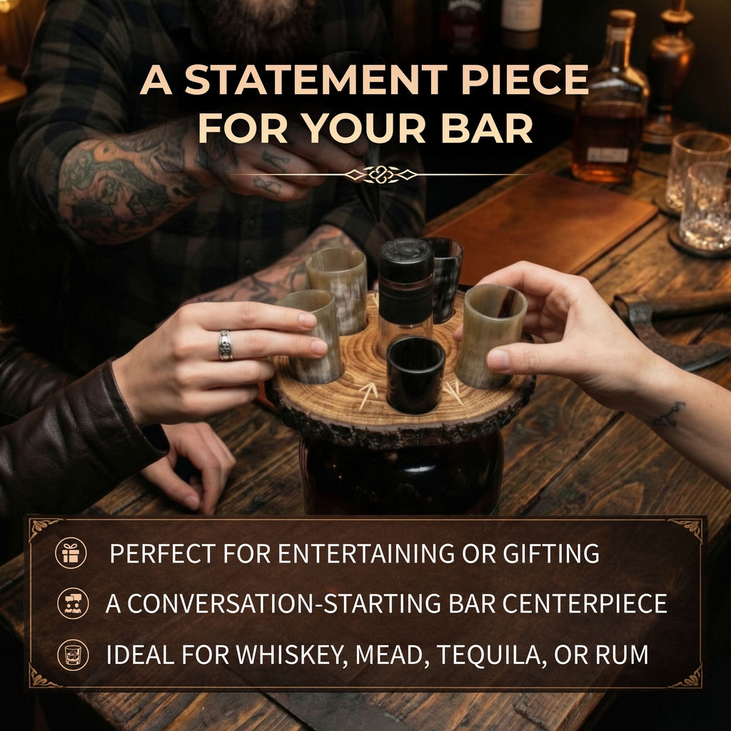 Viking Shot Glass Set – Ox Horn Shots with Rune Tray