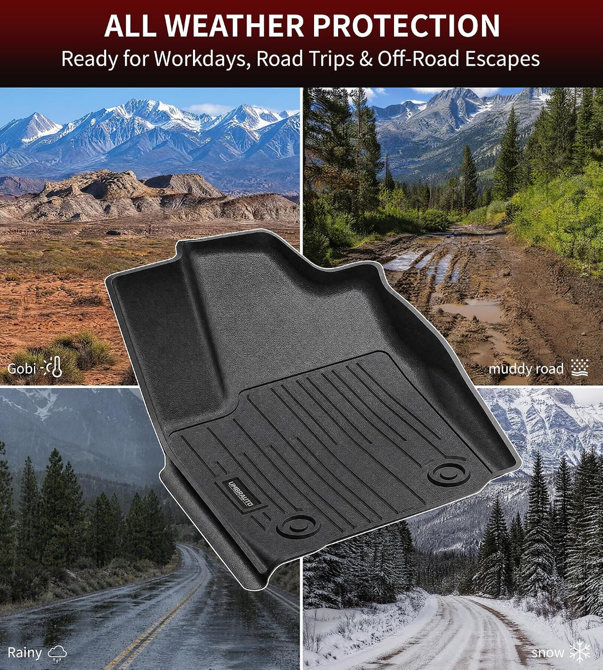 Umbrauto Floor Mats for Toyota Tundra 2014-2021 CrewMax Cab, All Weather TPE Truck Floor Liners Custom Fit Tundra SR5/TRD/Limited/Platinum, 3D Laser Scanned Waterproof Car Rug Front & Rear 2 Row