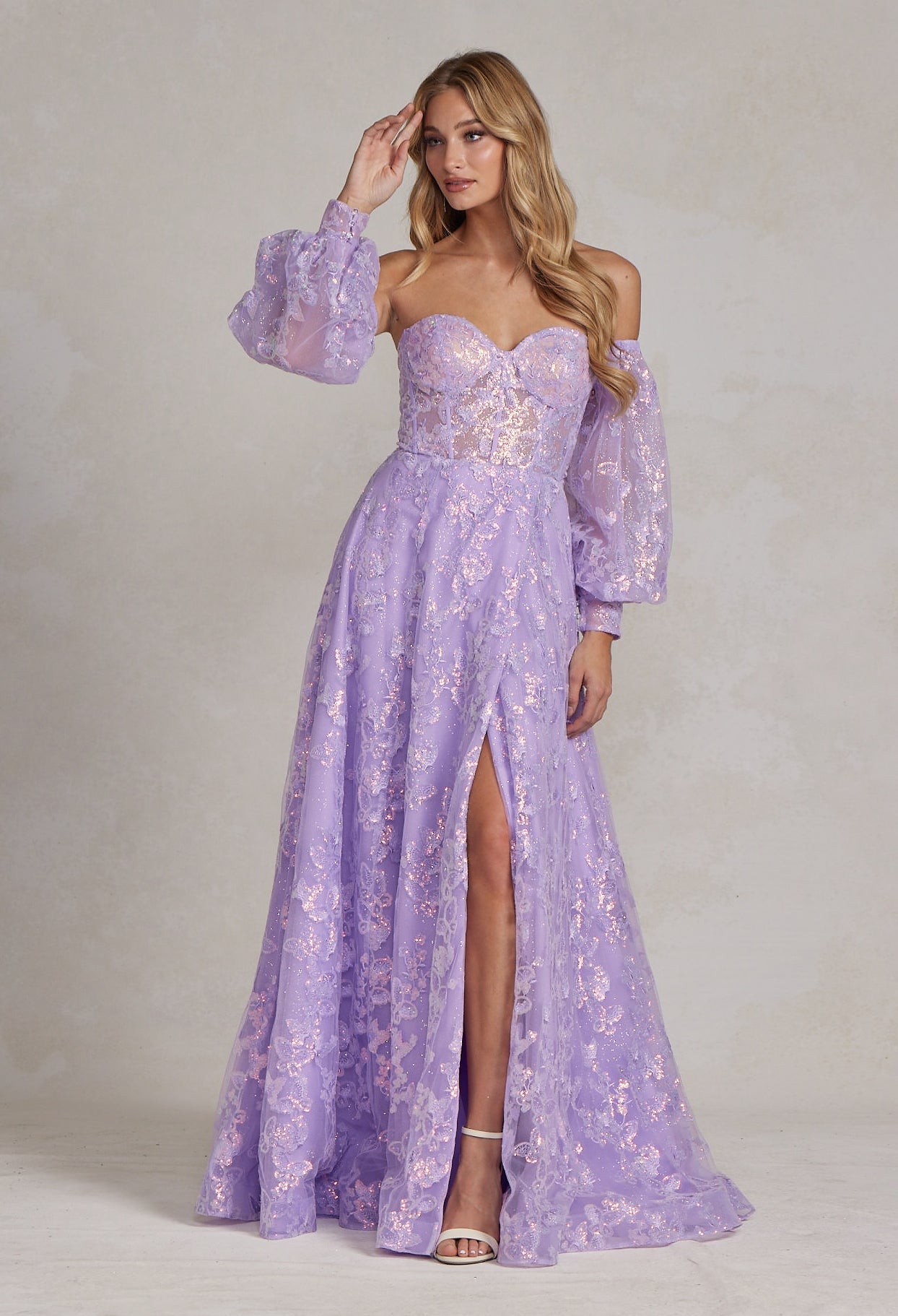 Off The Shoulder Stunning Gown w/ Sequins Embroidery & Long Puff Sleeves NXK1155