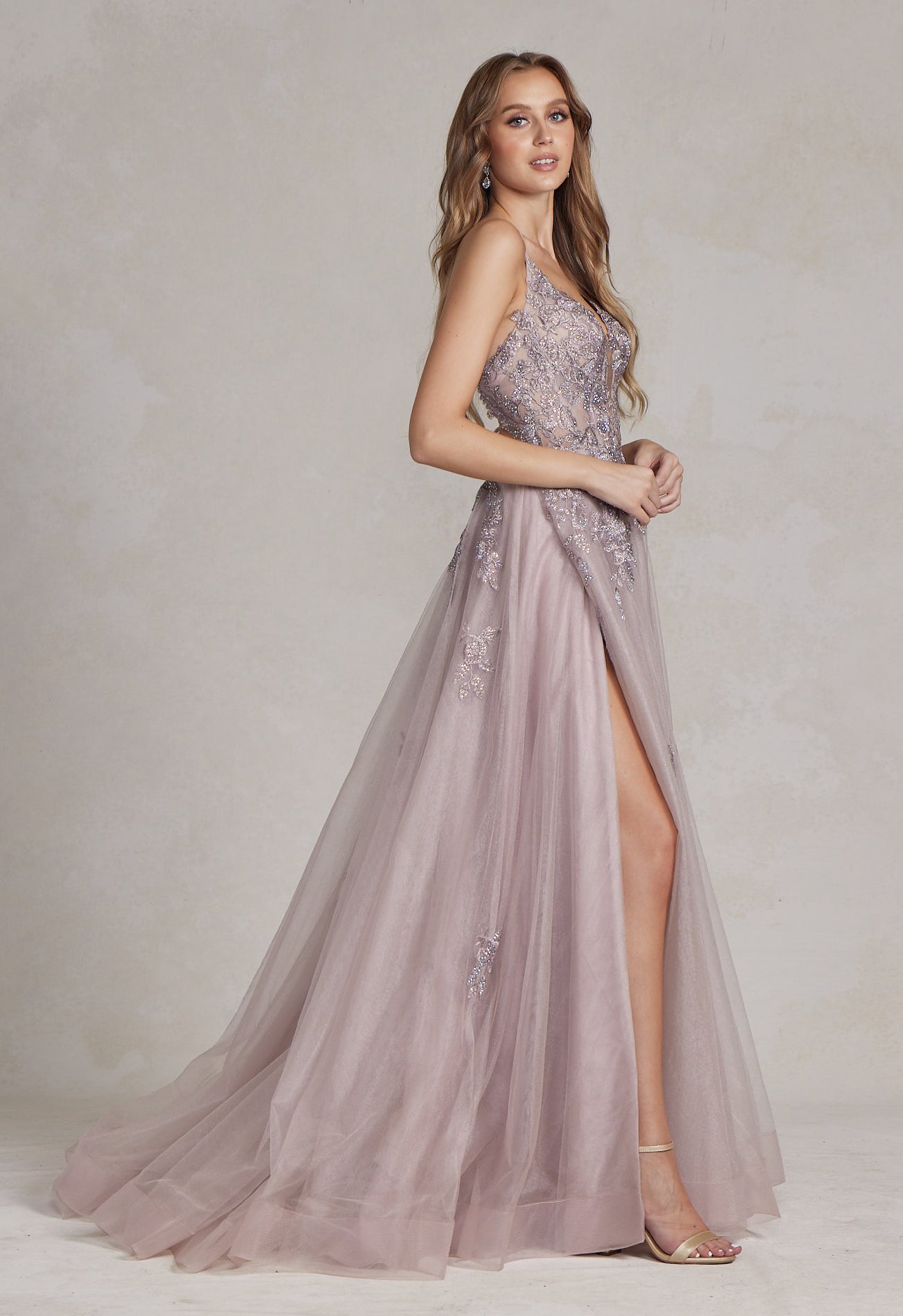 Romantic Floral Lace Embellished A-Line Graduation Dress w/ Charming Leg Slit NXG1149