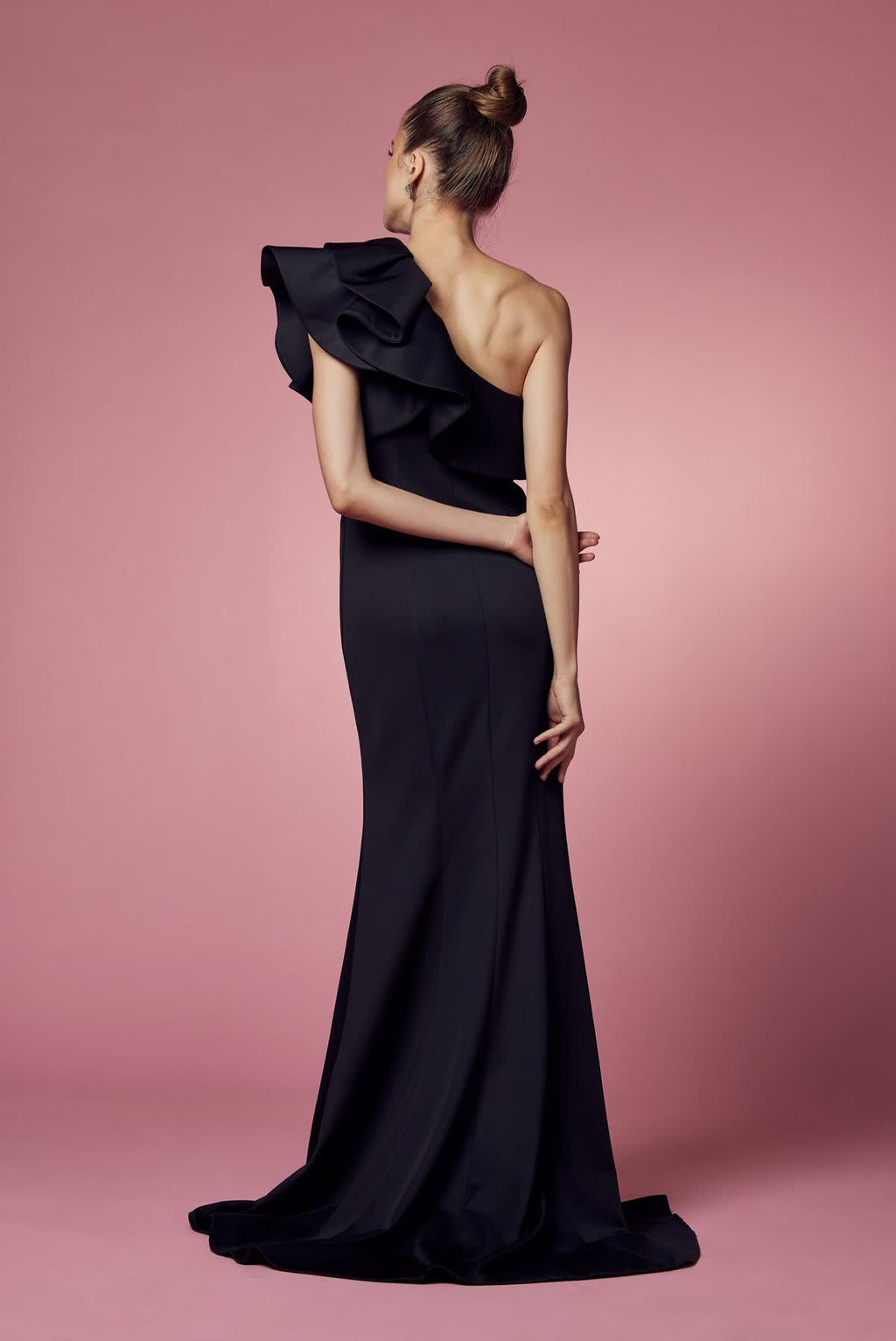 Sheath One Shoulder Festive Gown w/ Ruffled Overlay & Elegant Leg Slit NXE467