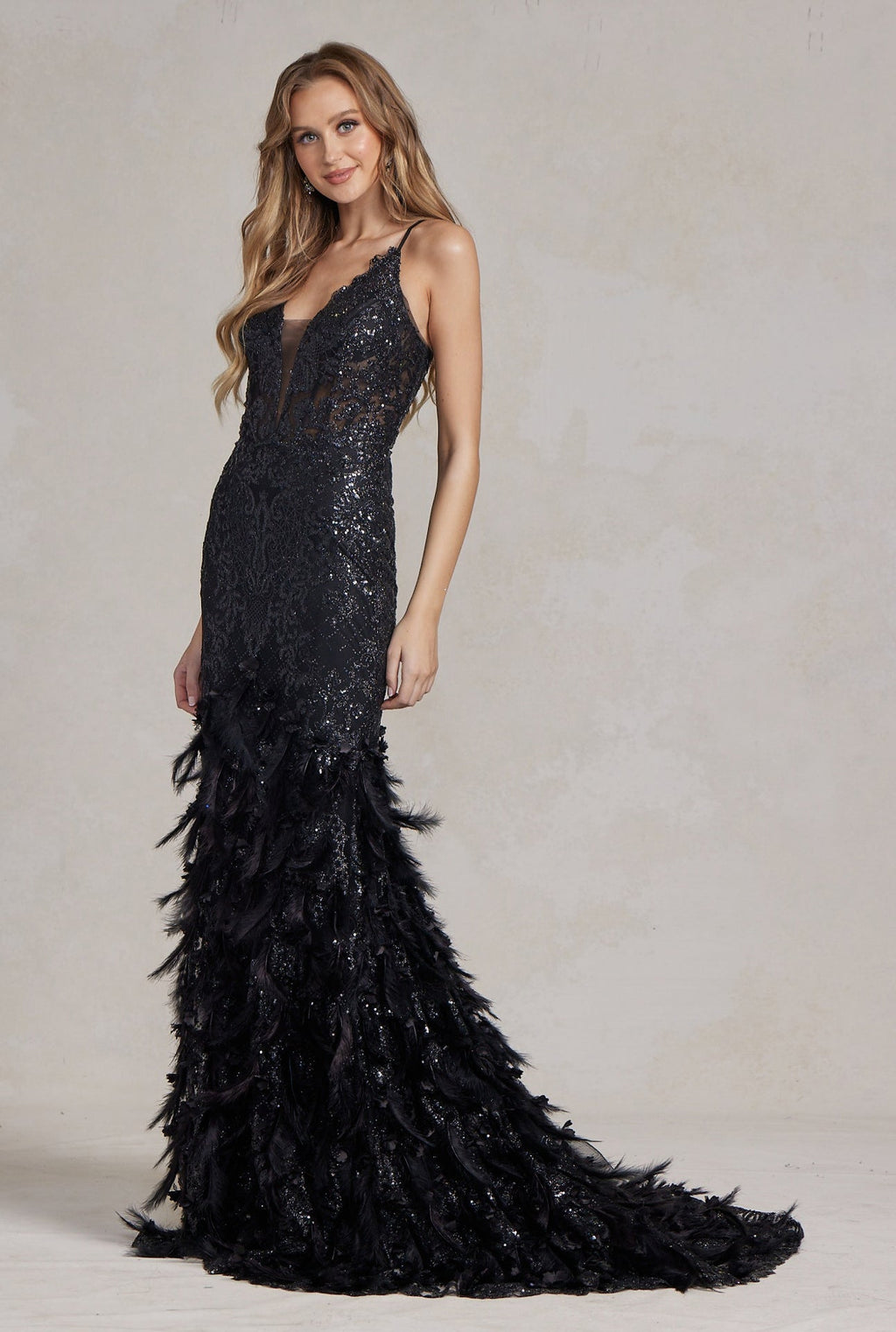 Soft Feathers Embellished Dramatic Mermaid Gown w/Plunging Neckline & Lace up Back NXC1111