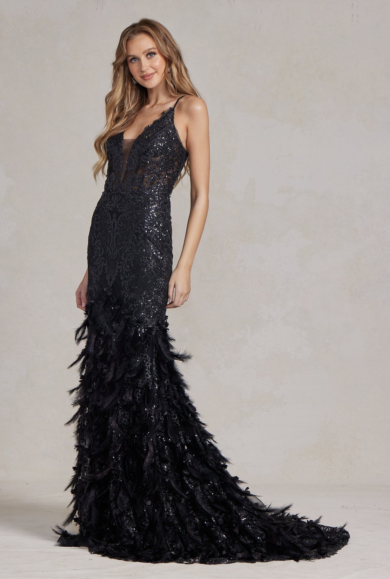 Soft Feathers Embellished Dramatic Mermaid Gown w/Plunging Neckline & Lace up Back NXC1111
