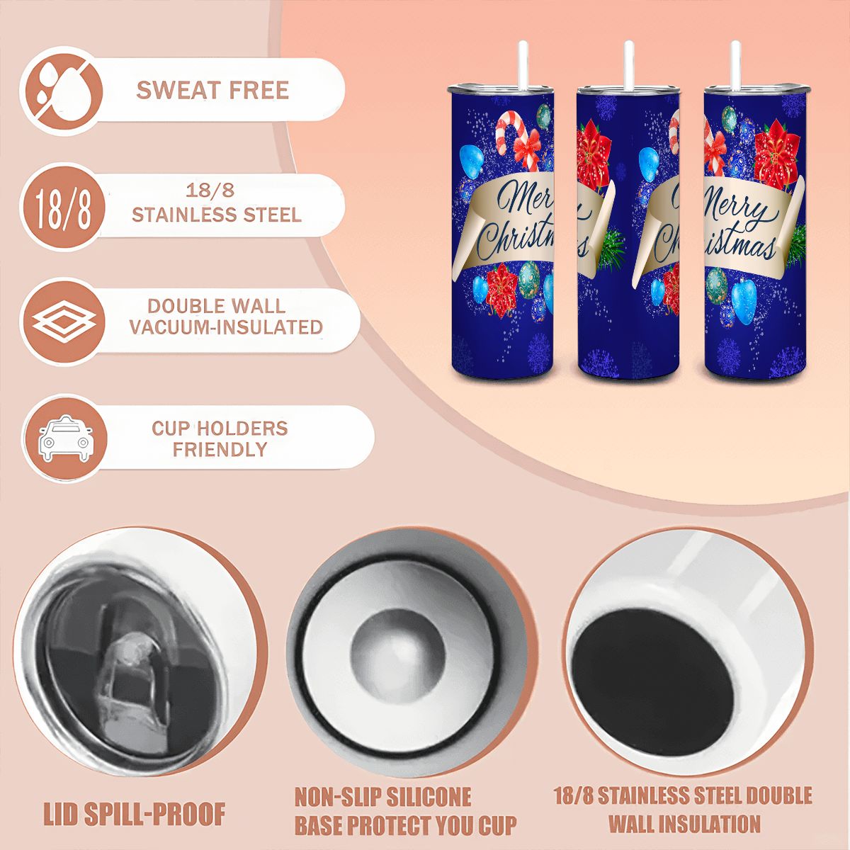 Blue Merry Christmas 20oz Straight Stainless Steel Tumbler with Straw（Made in USA)