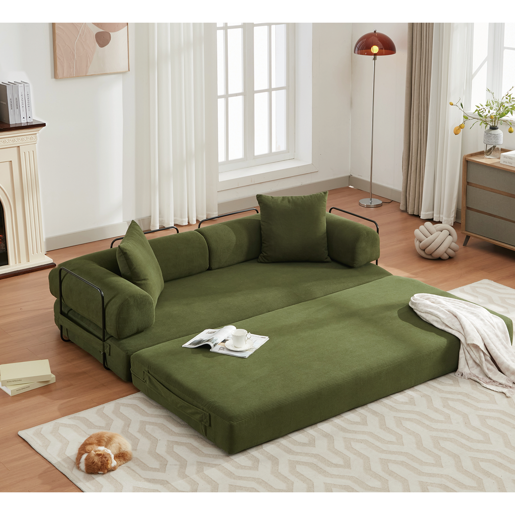 [NEW ARRIVED] [VIDEO PROVIDED] 78.5' Folding Convertible Out Sleeper Sofa Bed,4-in-1 DIY Combination Convertible  Sofa, 3 seat, Folding Sleeper Sofa, King Size , Bedroom,Apartment,Corduroy,Green