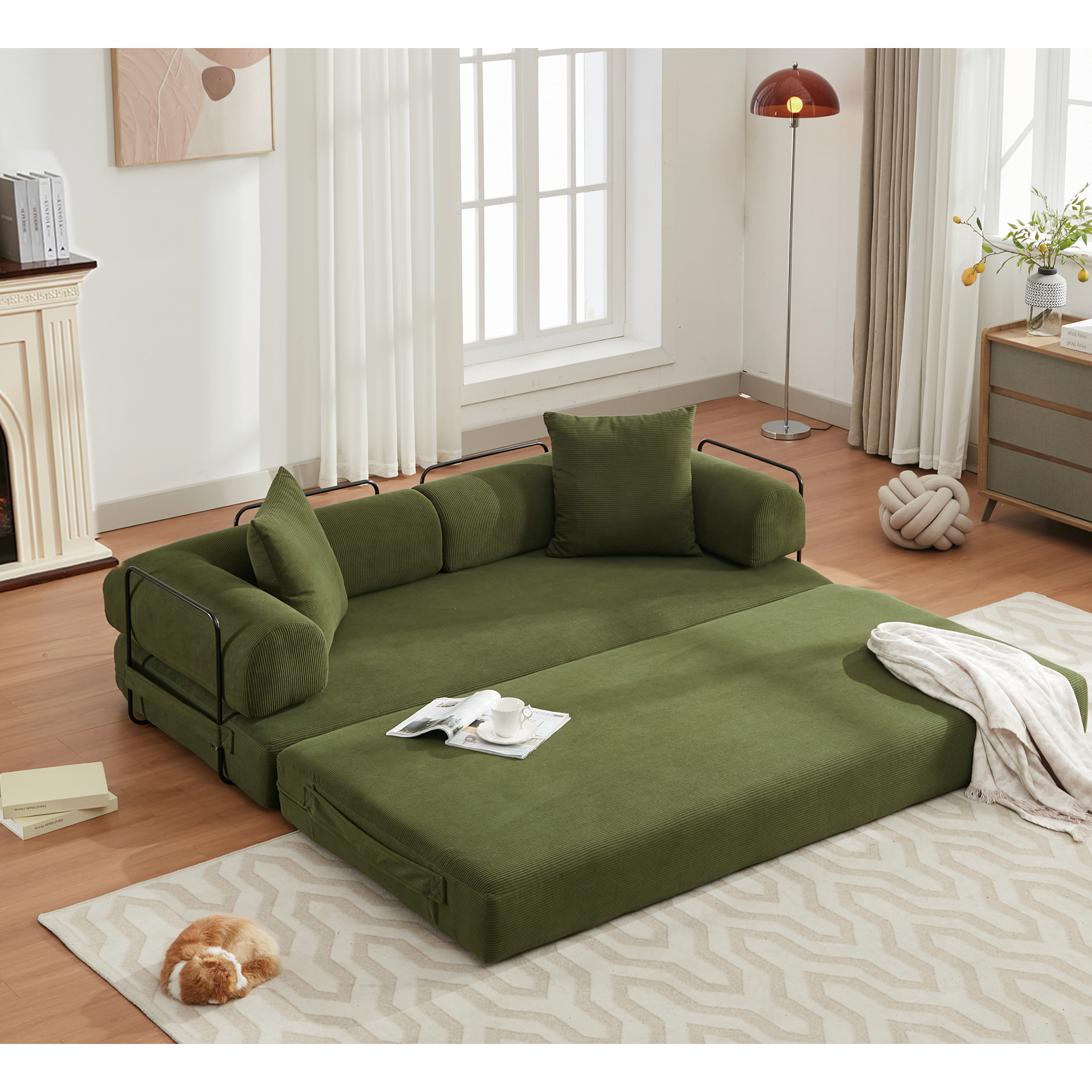 [NEW ARRIVED] [VIDEO PROVIDED] 78.5' Folding Convertible Out Sleeper Sofa Bed,4-in-1 DIY Combination Convertible  Sofa, 3 seat, Folding Sleeper Sofa, King Size , Bedroom,Apartment,Corduroy,Green