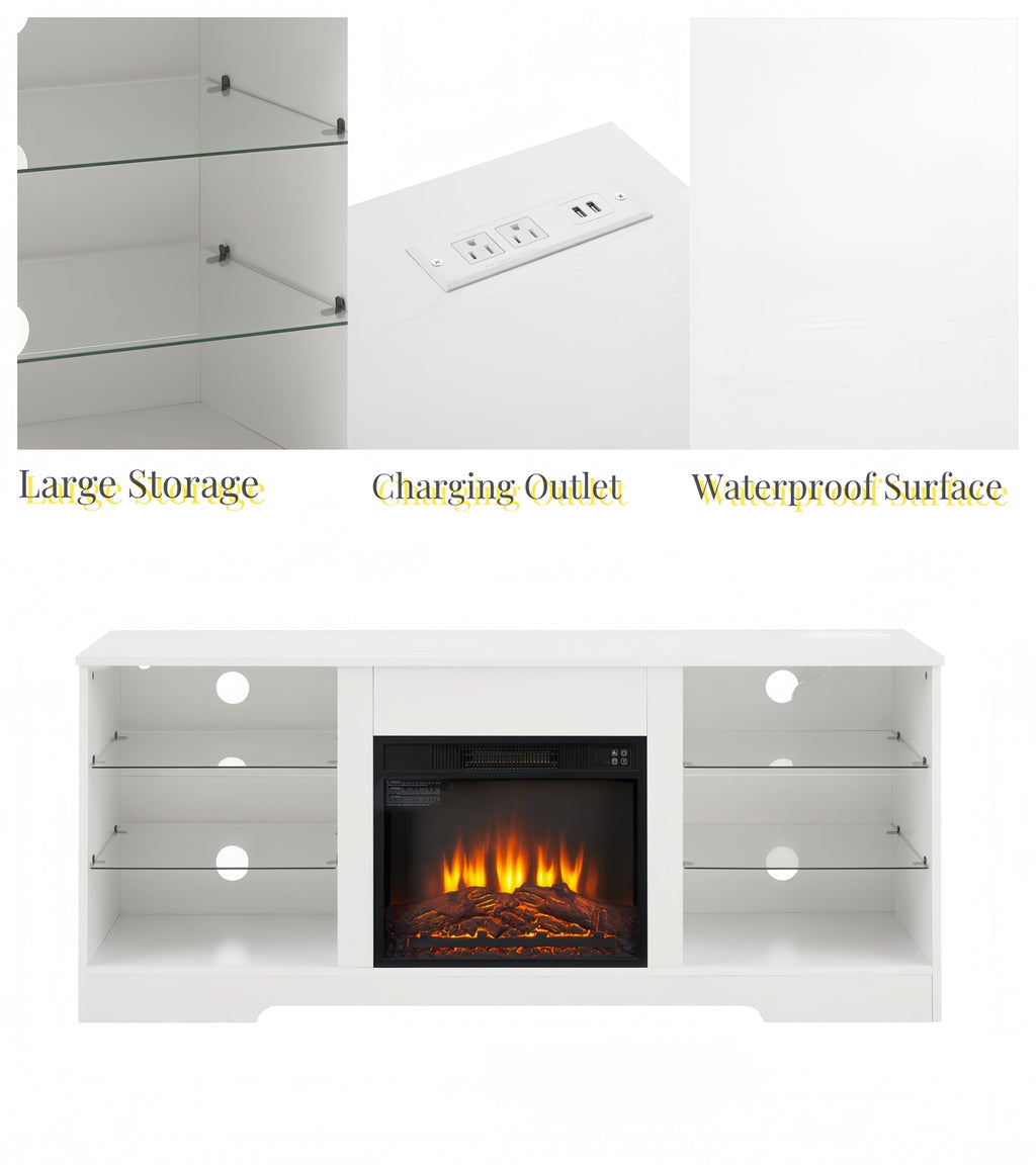 TV Stand Electric Fireplace TV Stand with Glass Shelves, 3D Fireplace TV Stand with LED Lights Wood with USB Charging Outlet Modern Television Table Center for TV up to 32-62' White 58''W*15.4''D*24.4