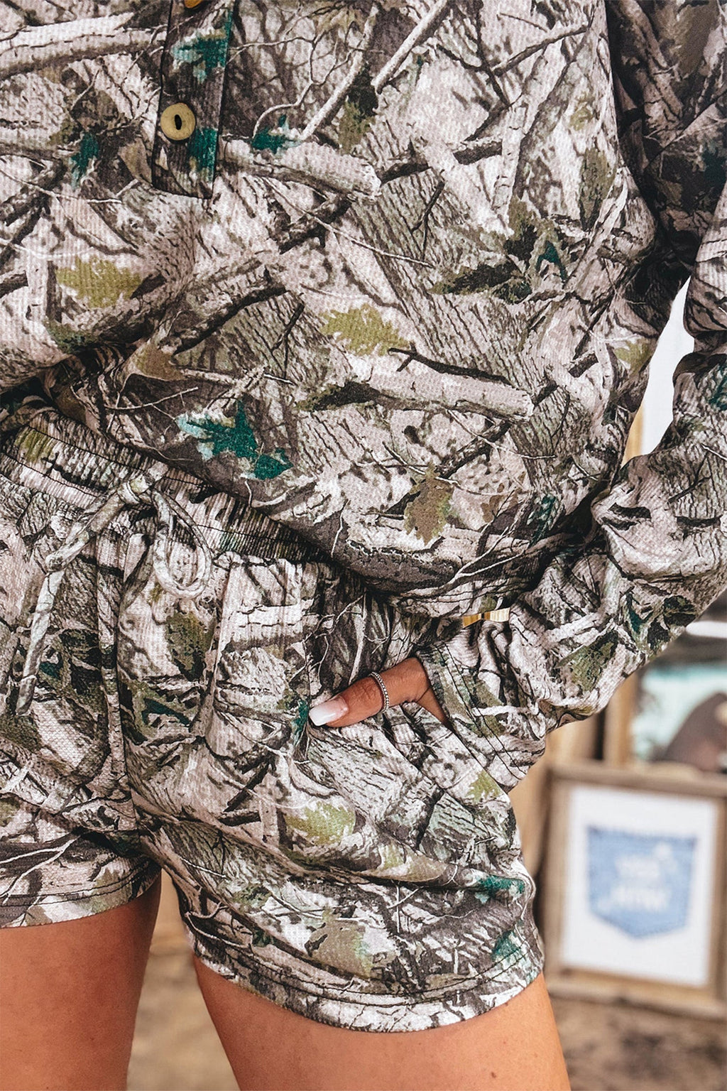 Camo Long Sleeve Top & Elastic Waist Shorts Set