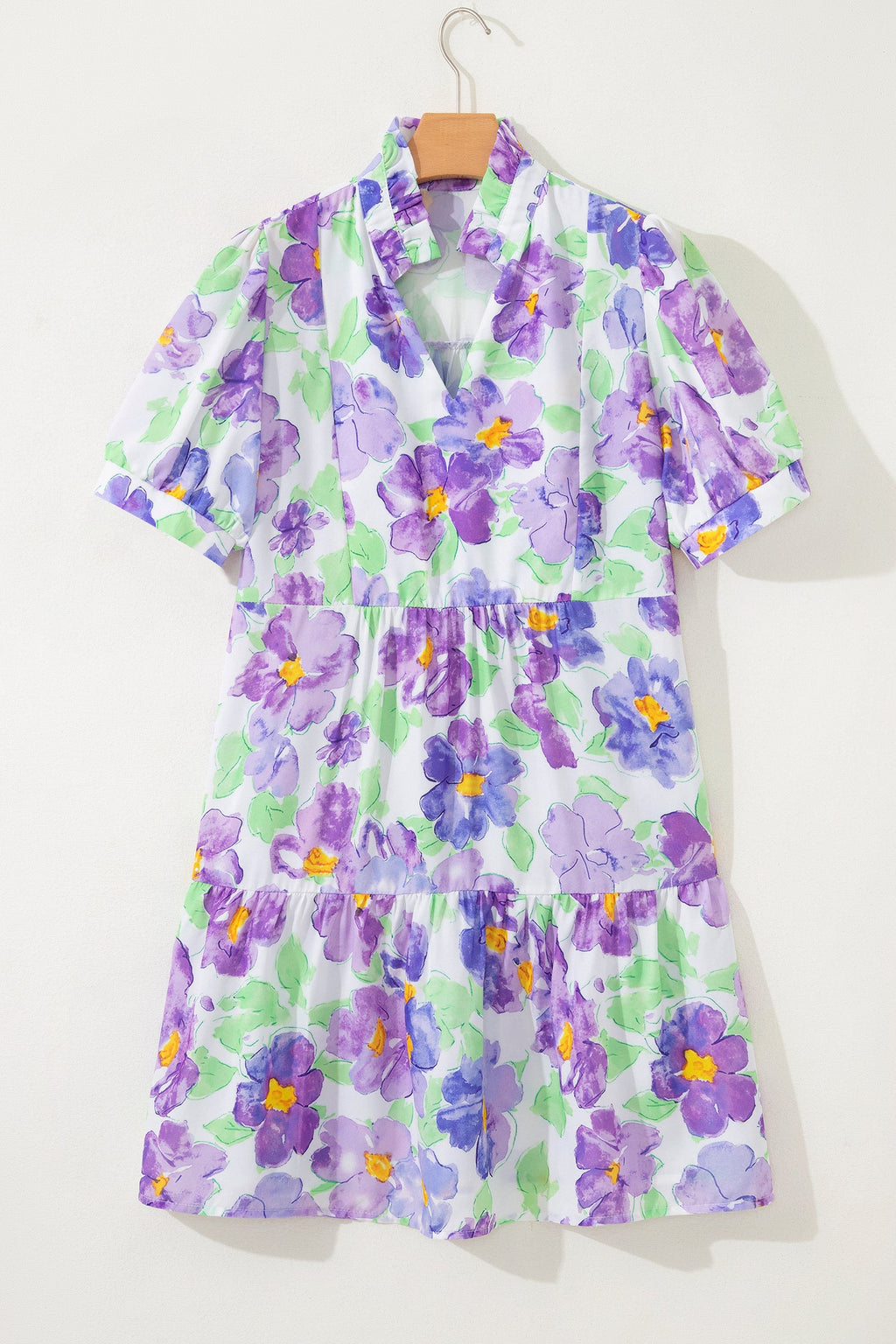 Floral Collared V-Neck Tiered Ruffle Mini Dress