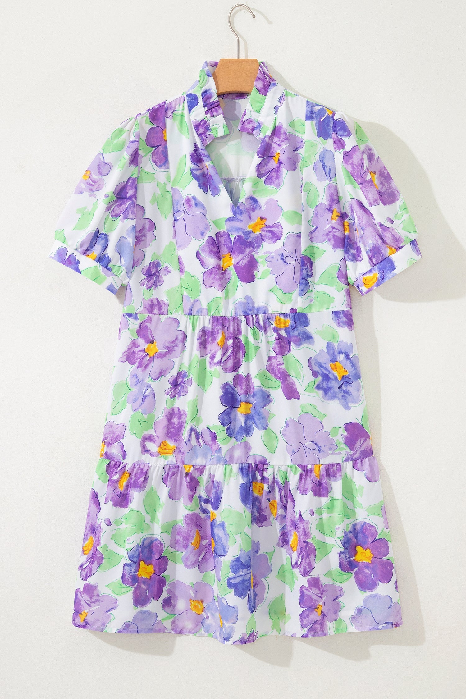 Floral Collared V-Neck Tiered Ruffle Mini Dress