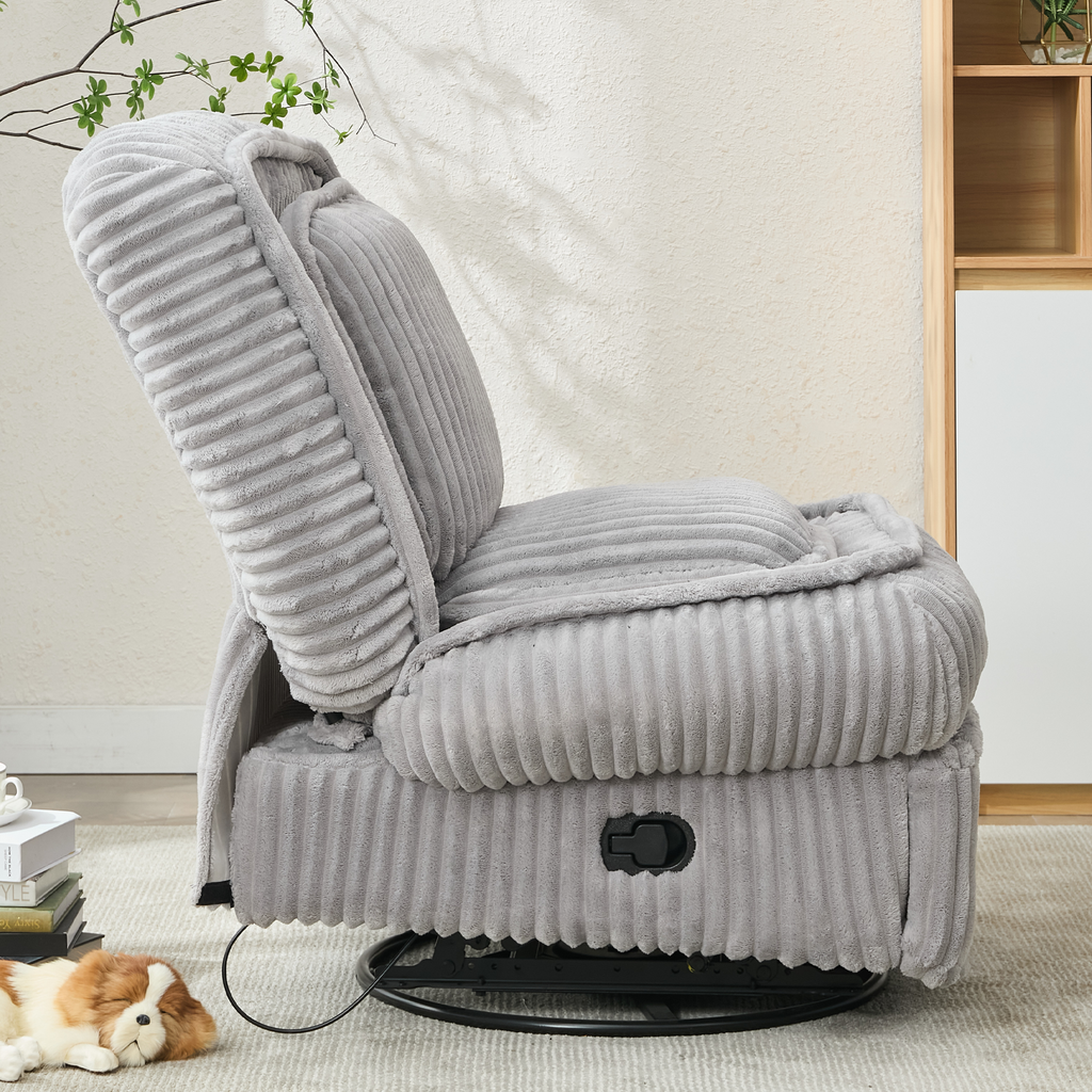 [NEW ARRIVED] 360° Swivel Rocking Single Sofa,Recliner Sofa, Manual Glider Rocking Armless Chair,Living Room Office, With Adjustable Backrest and Footrest and pillows, Small Spaces,Corduroy , Gray