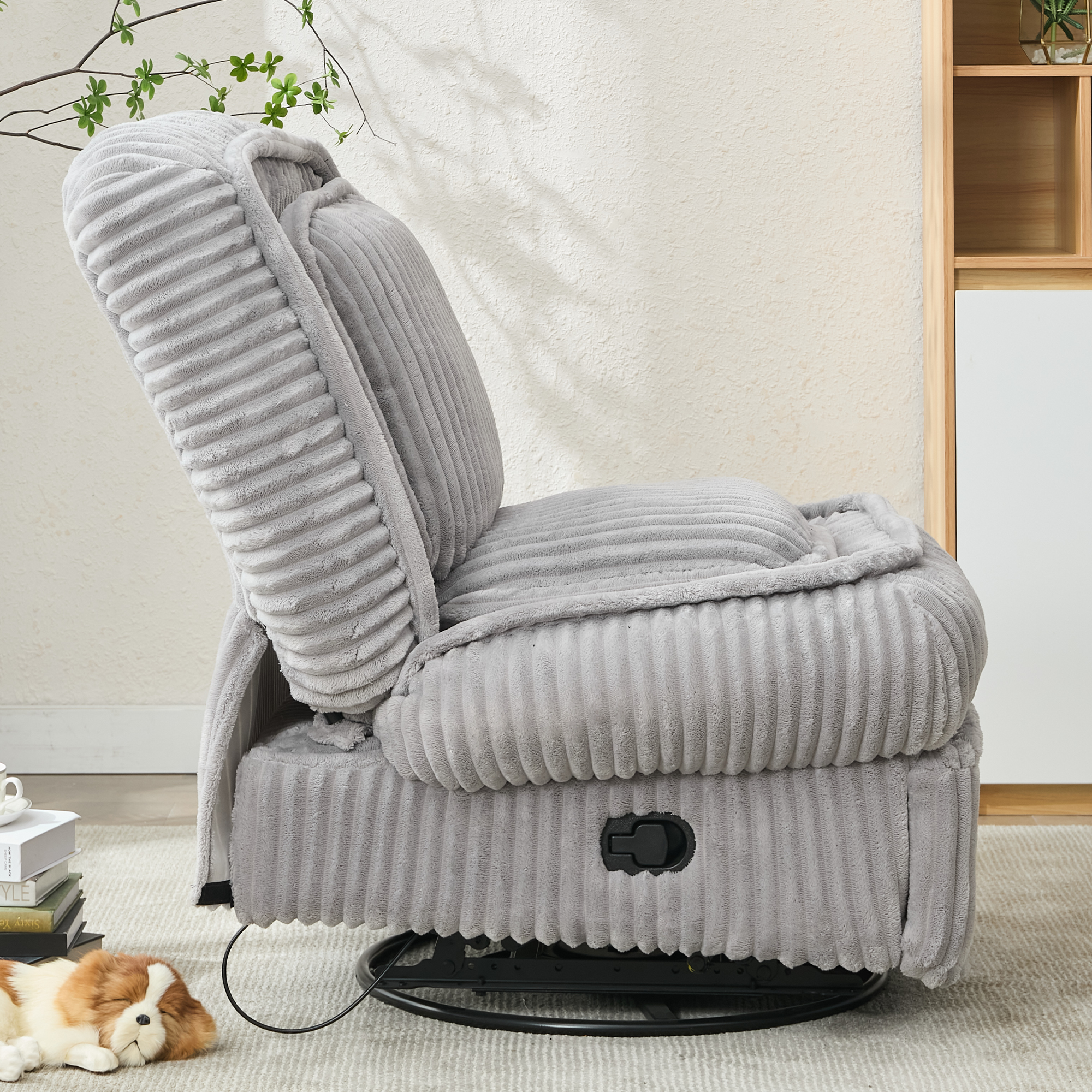 [NEW ARRIVED] 360° Swivel Rocking Single Sofa,Recliner Sofa, Manual Glider Rocking Armless Chair,Living Room Office, With Adjustable Backrest and Footrest and pillows, Small Spaces,Corduroy , Gray