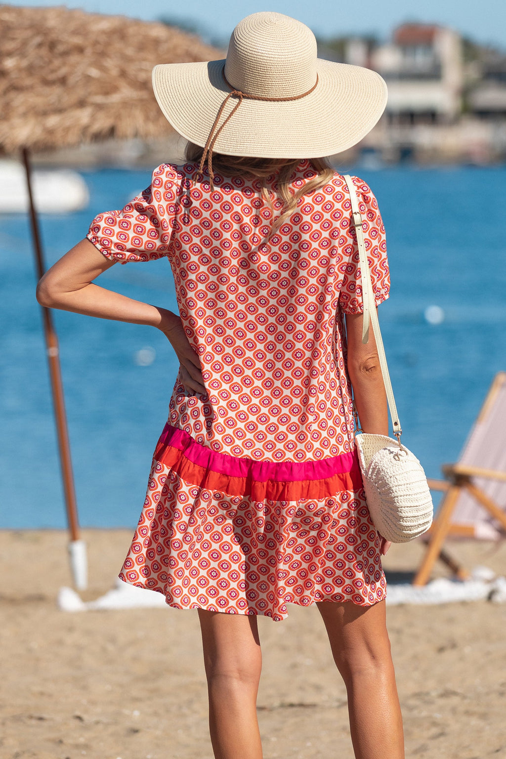 Floral Geometric Colorblock Ruffle Hem Dress