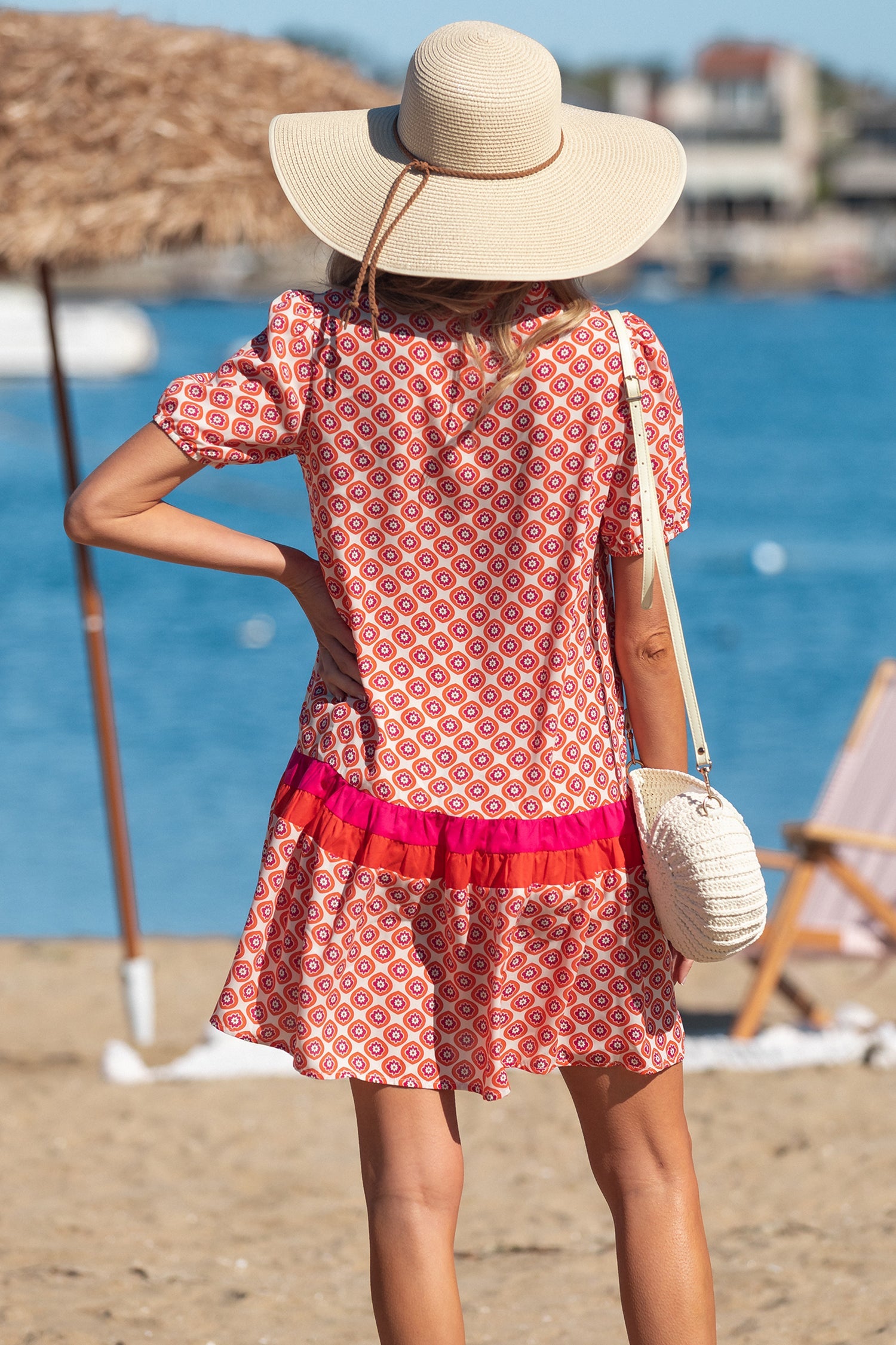 Floral Geometric Colorblock Ruffle Hem Dress