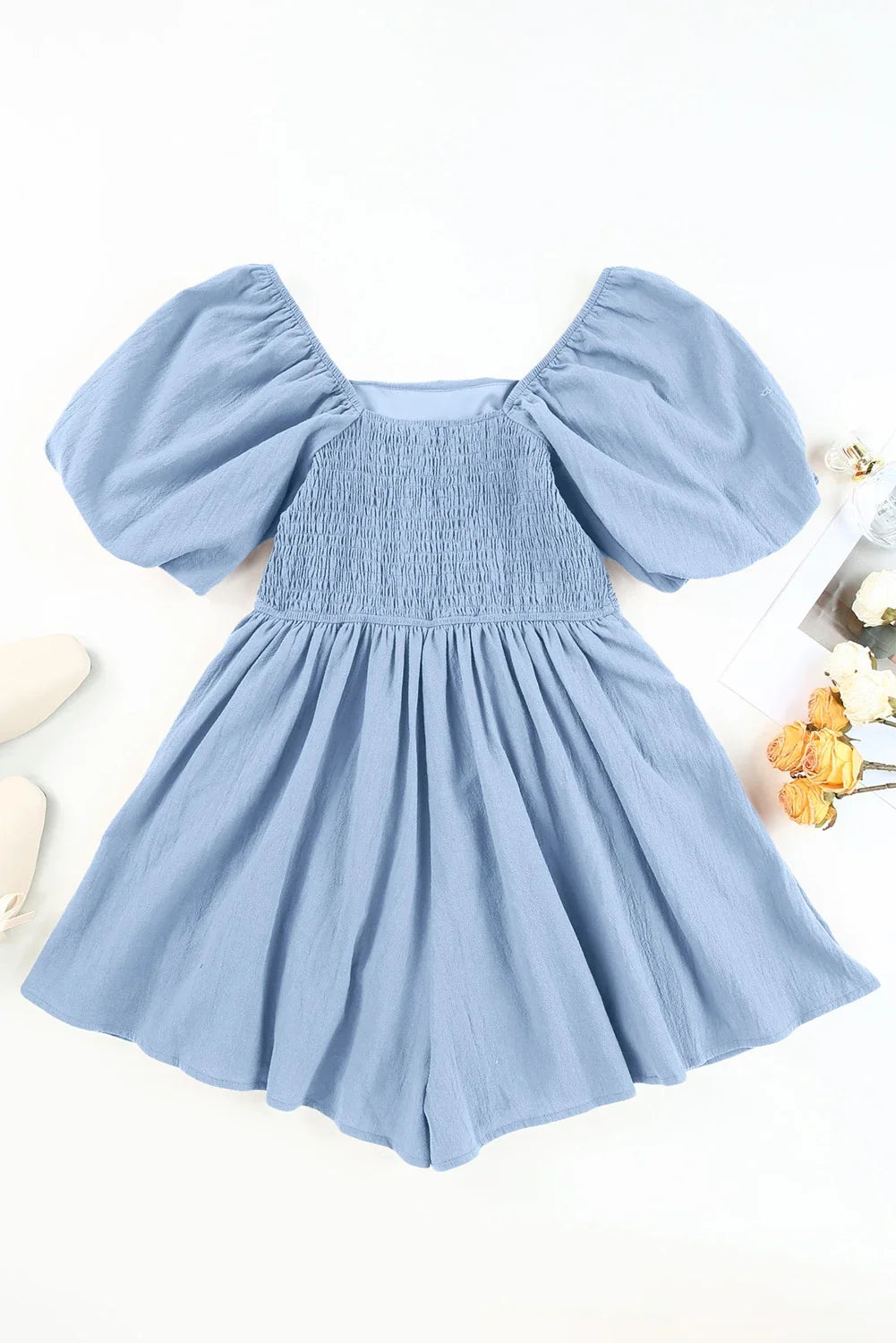 Solid Square Neck Ruched Puff Sleeve Romper