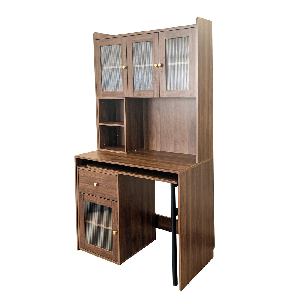 Computer Desk with glass door for Home Office or Study desk,  Bookshelf & Hutch, Computer Desk with 90 Degree Rotating Desktop,Large Working Space