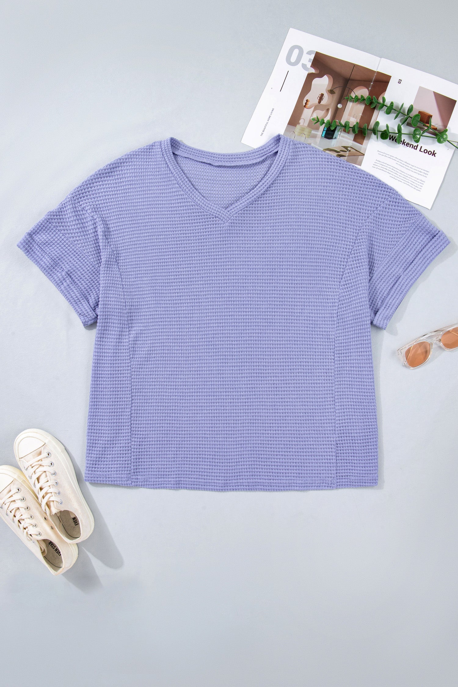 Plus Size Solid Waffle Knit V-Neck Short Sleeve Top
