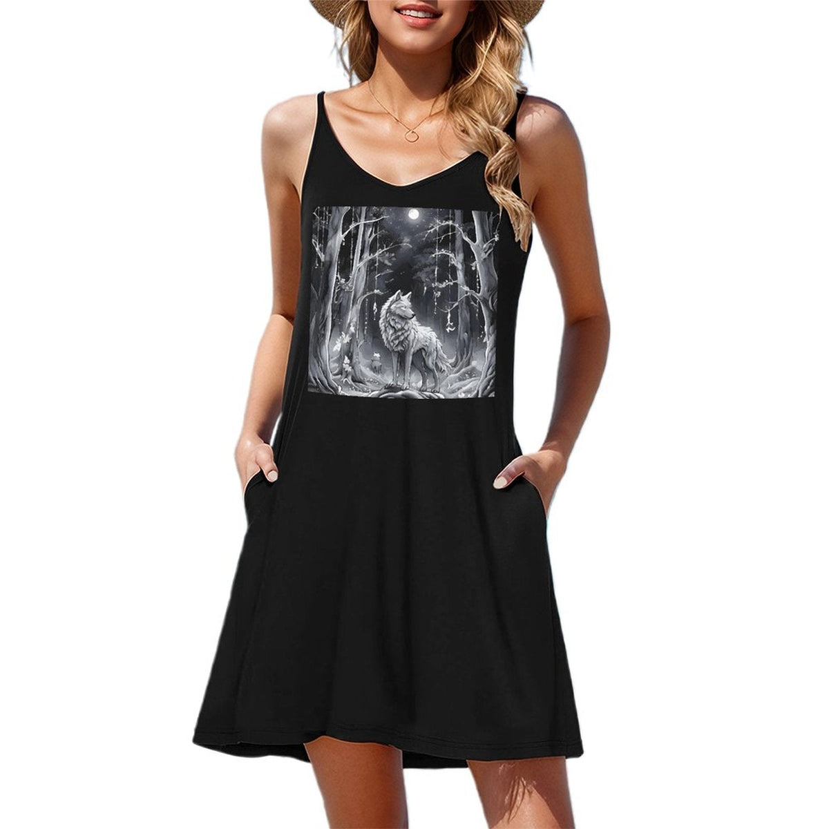 Ethereal Wolf in the Moonlight Sleeveless Short Cami Dress (Front Printing)