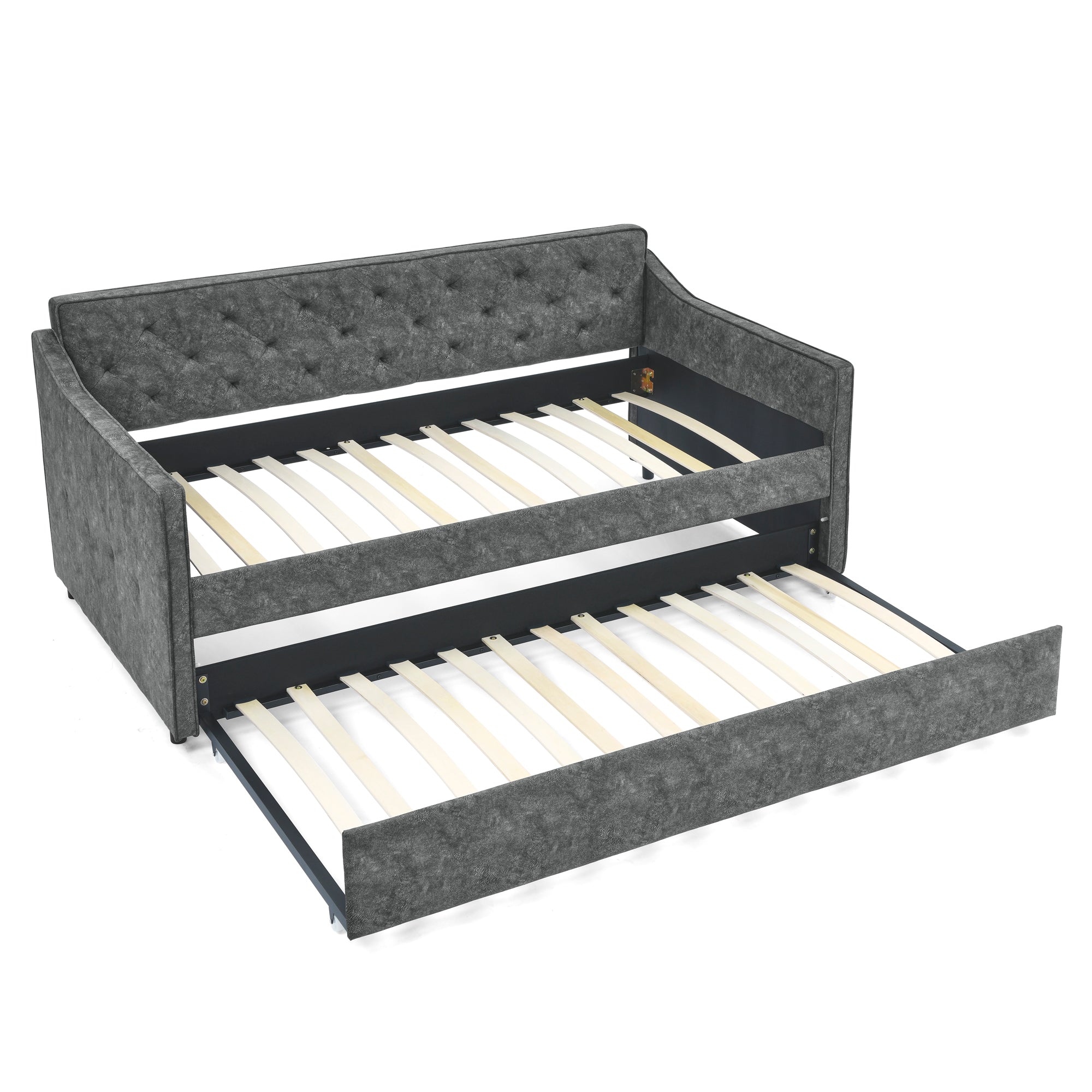 Twin Size Daybed with Twin Size Trundle Upholstered Tufted Sofa Bed,  Waved Shape Arms, Grey (80.5'x44.5'x33.5')