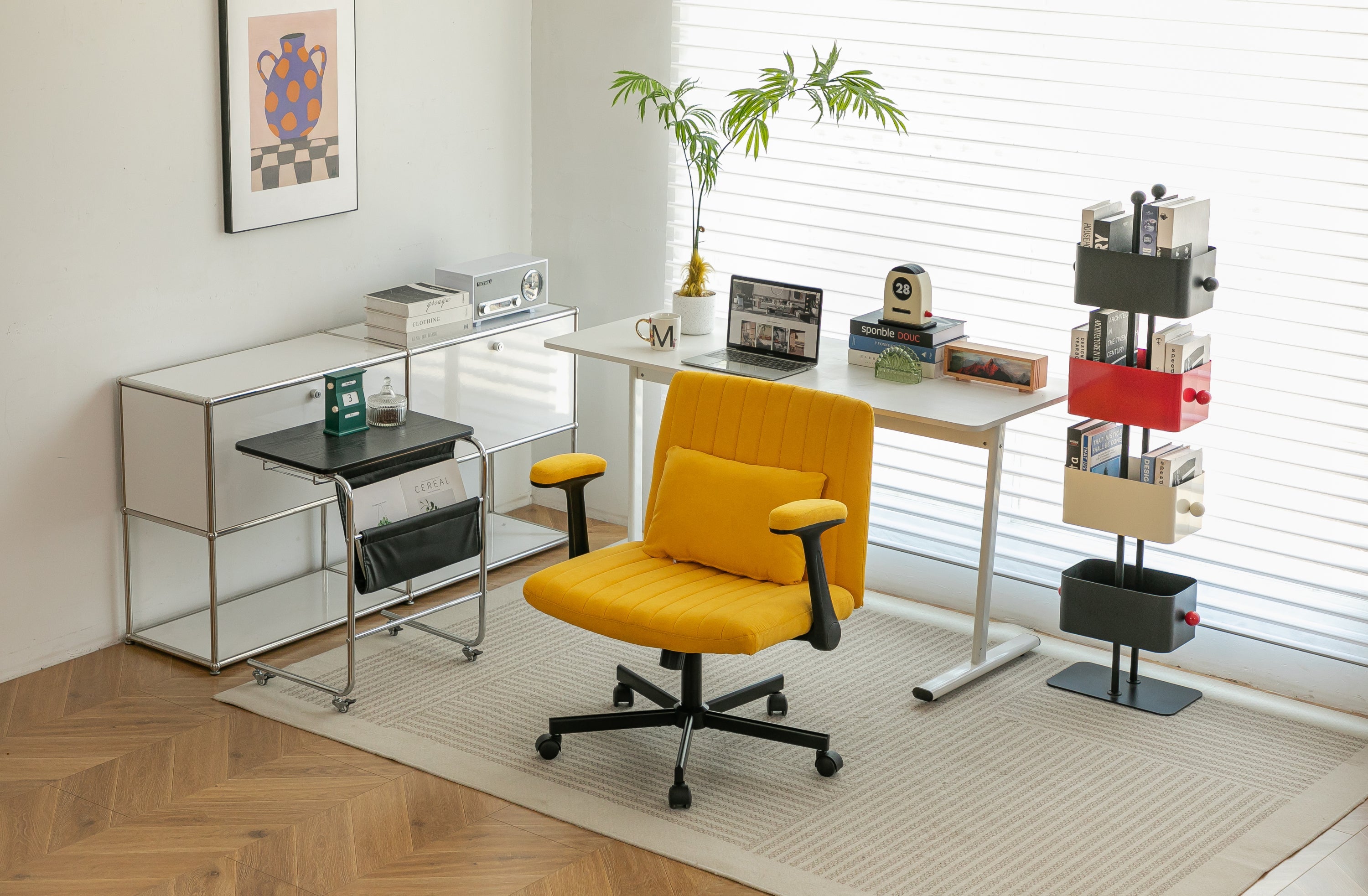 Yellow Linen Criss Cross Armrest Office Chair with Wheels - Ergonomic for Home Office, Work & Study