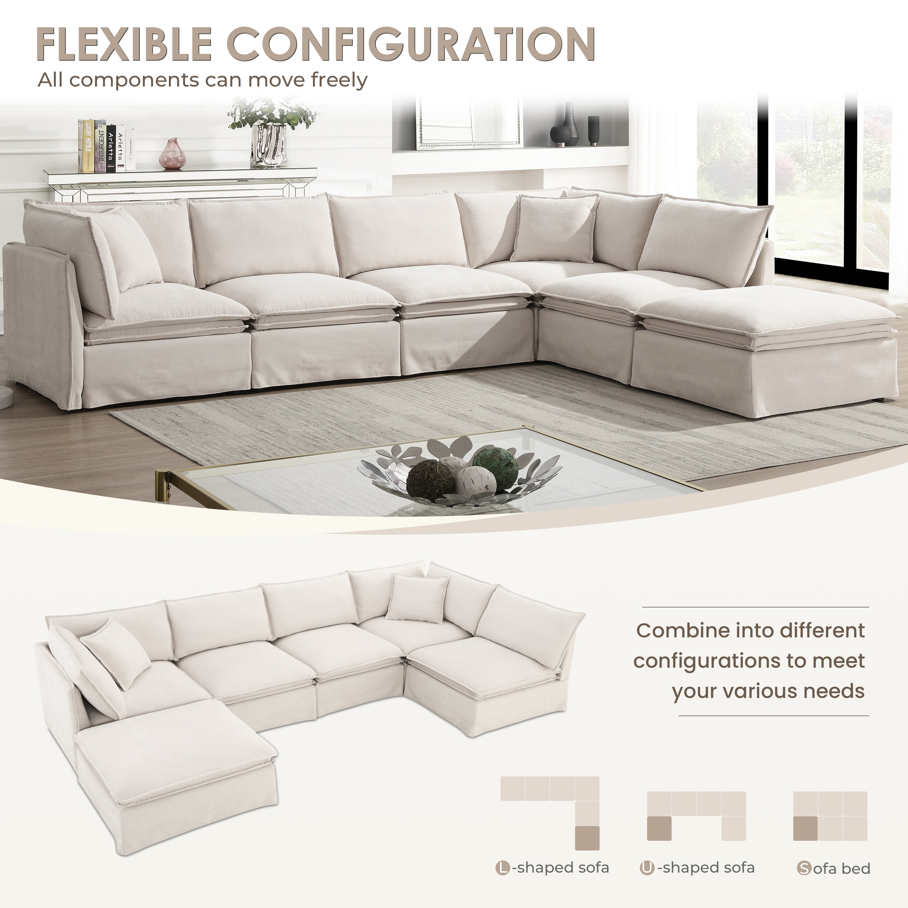 [VIDEO+NEW]125.5'' Modular Sectional Sofa with Movable Ottoman,6-seat L pholstered Indoor Furniture, Wide Seat ,Free Combination, Oversized Chenille Sofa for Living Room & Apartment,2 Colors