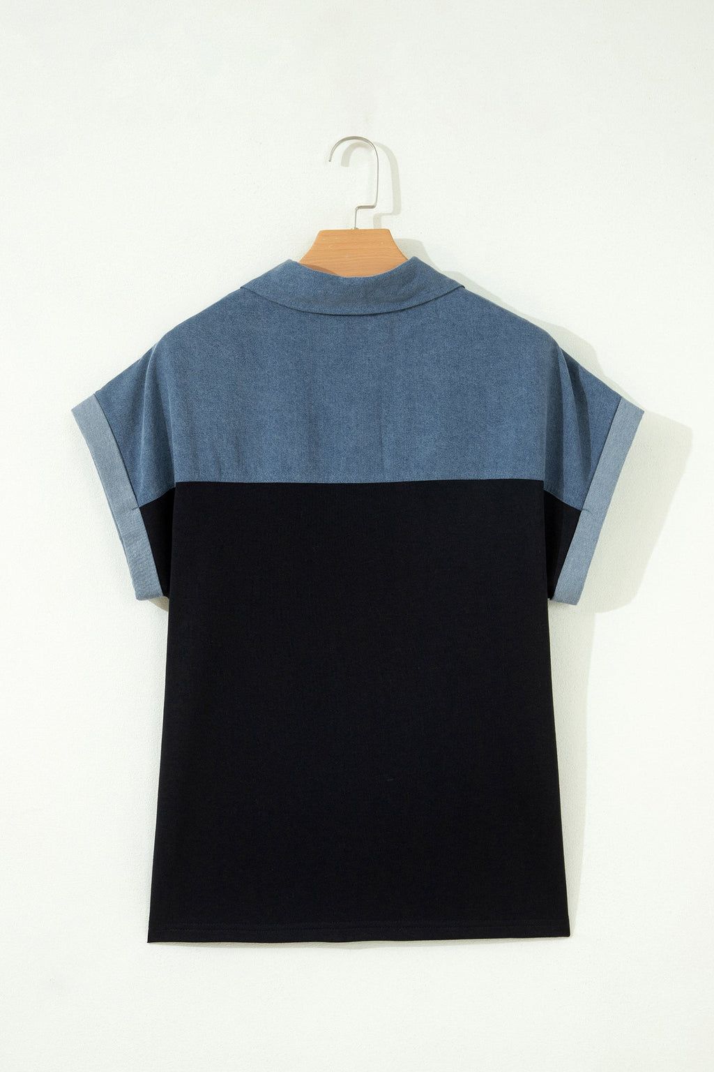 Colorblock Denim Patchwork Polo Collar Top
