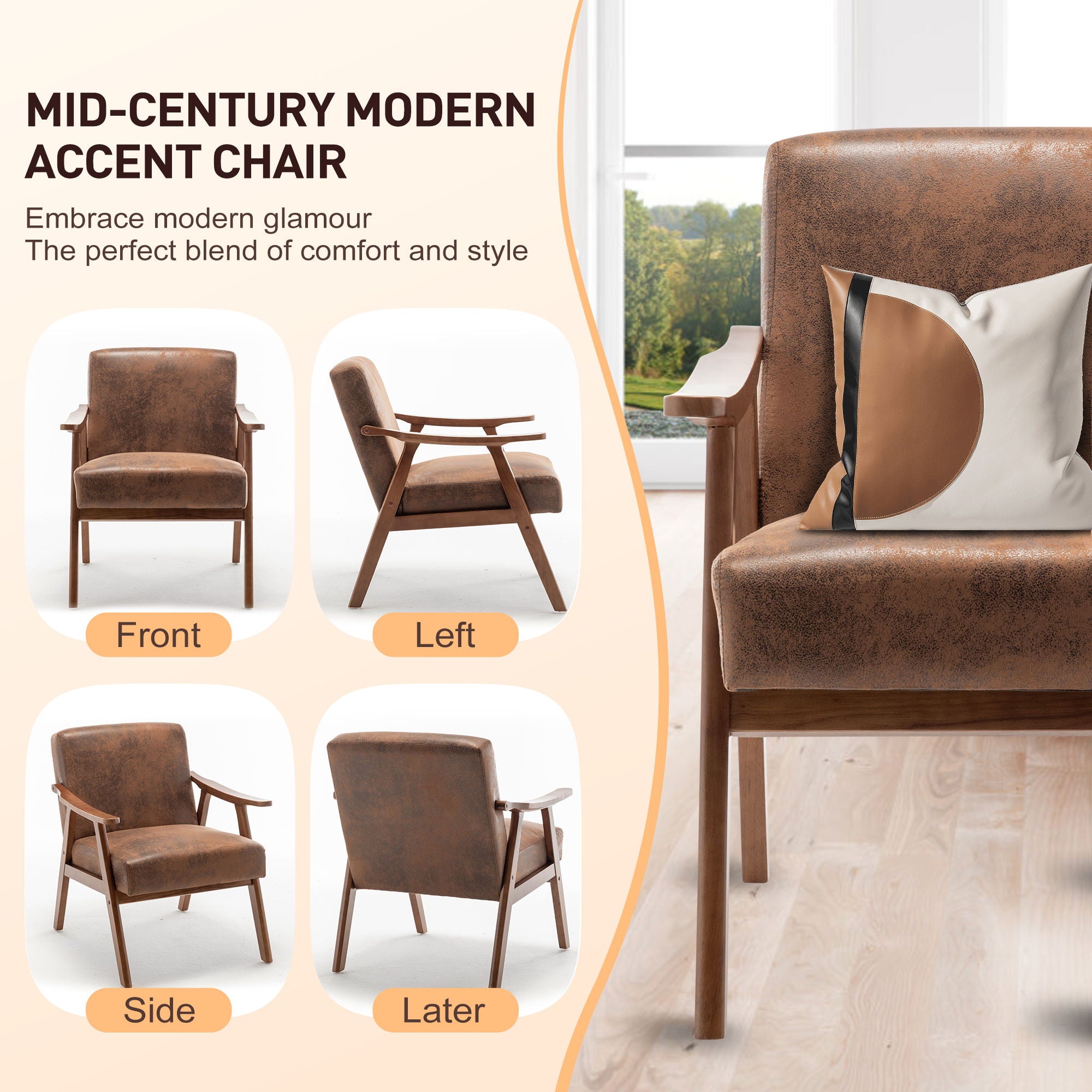 Mid Century Modern Accent Chair With Solid Wood Frame And Extra Thick Backrest