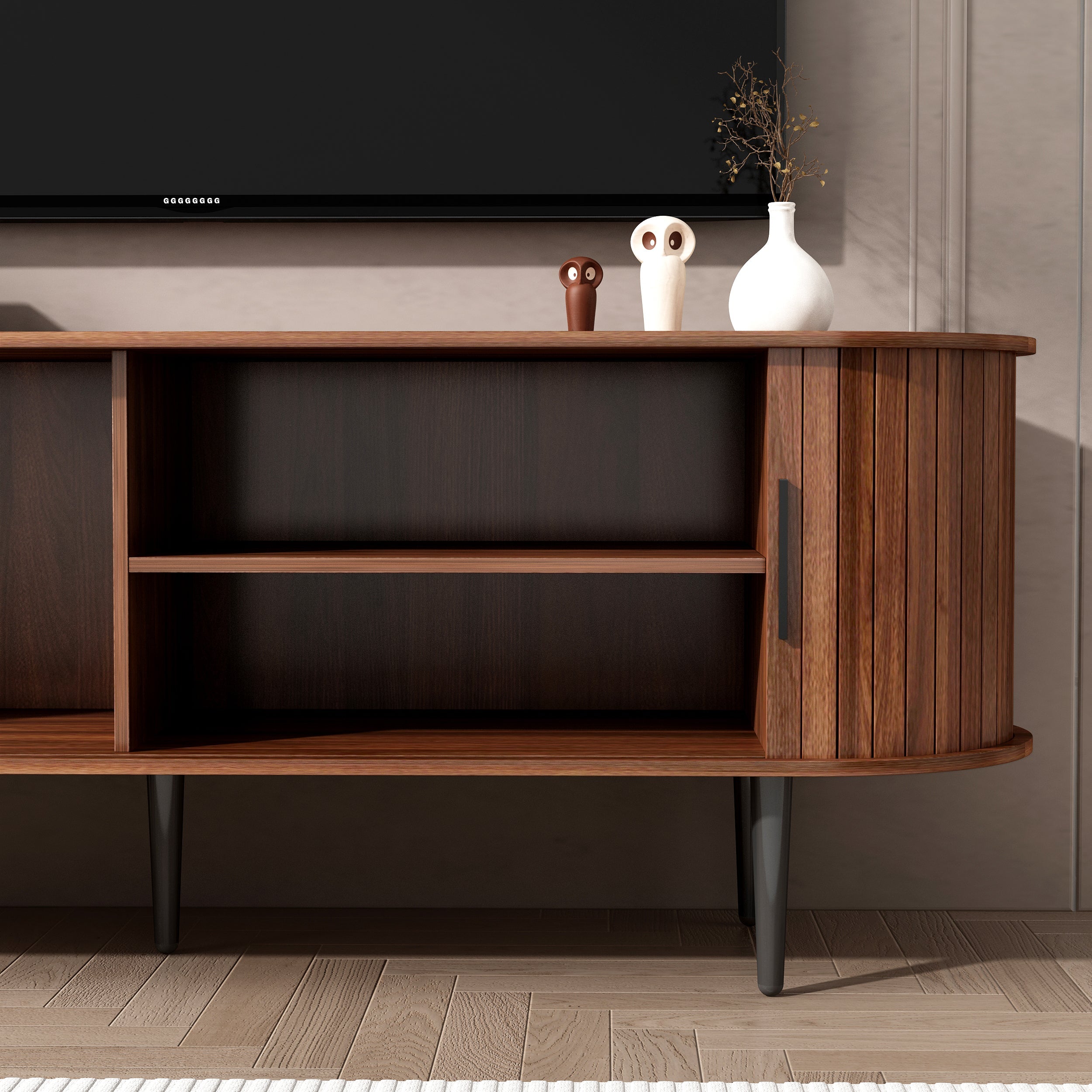 TV Stand, 55' Modern TV Console Table with Storage Compartment and Sliding Door, Gaming Entertainment Center with Cabinet for Living Room, Bedroom, Office (Walnut) BACK-TO-SCHOOL