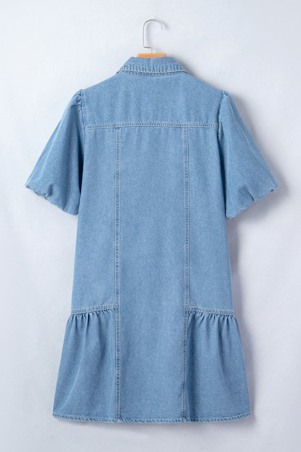 Denim Short Puff Sleeve Ruffle Hem Buttoned Dress
