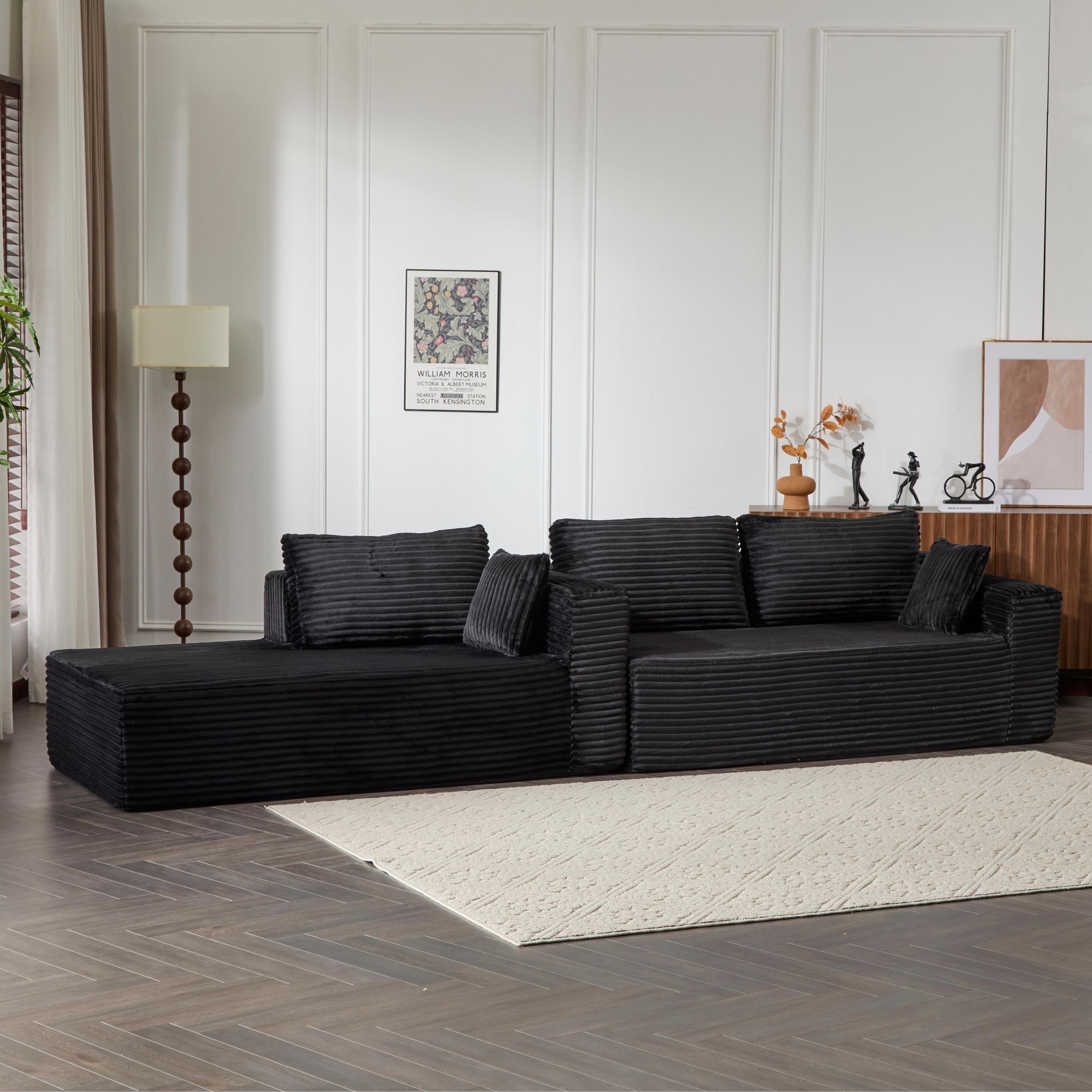 Compression Sectional Couch with Comfy Chaise, Boneless L Shape Sofa with Deep Seat, Minimalist Modular Couches Sleeper for Living Room Bedroom Apartment Lounge,corduroy,Black