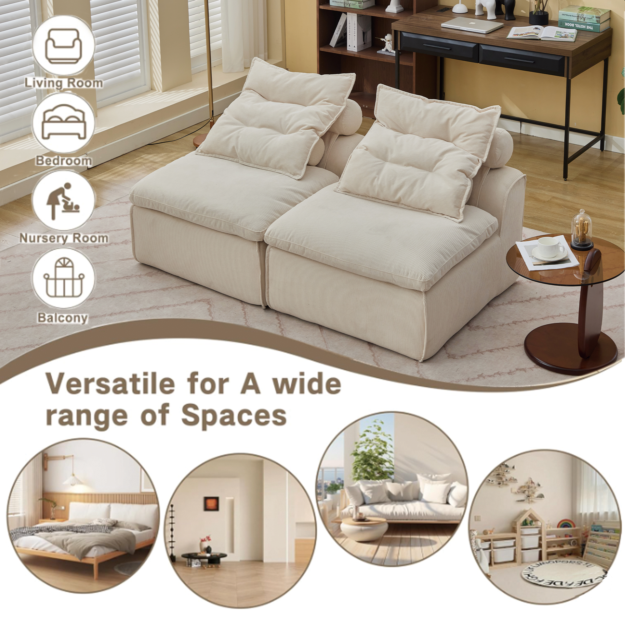[NEW ARRIVED] [VIDEO PROVIDED]Modular Sofa,No Armrests,At will DIY,Soft Corduroy Fabric,Neck Pillow-Back Lounge Sofa Chair,Reading Nook, or Apartment Living, Lumbar Pillow,2 Seats,Upholstered,Beige