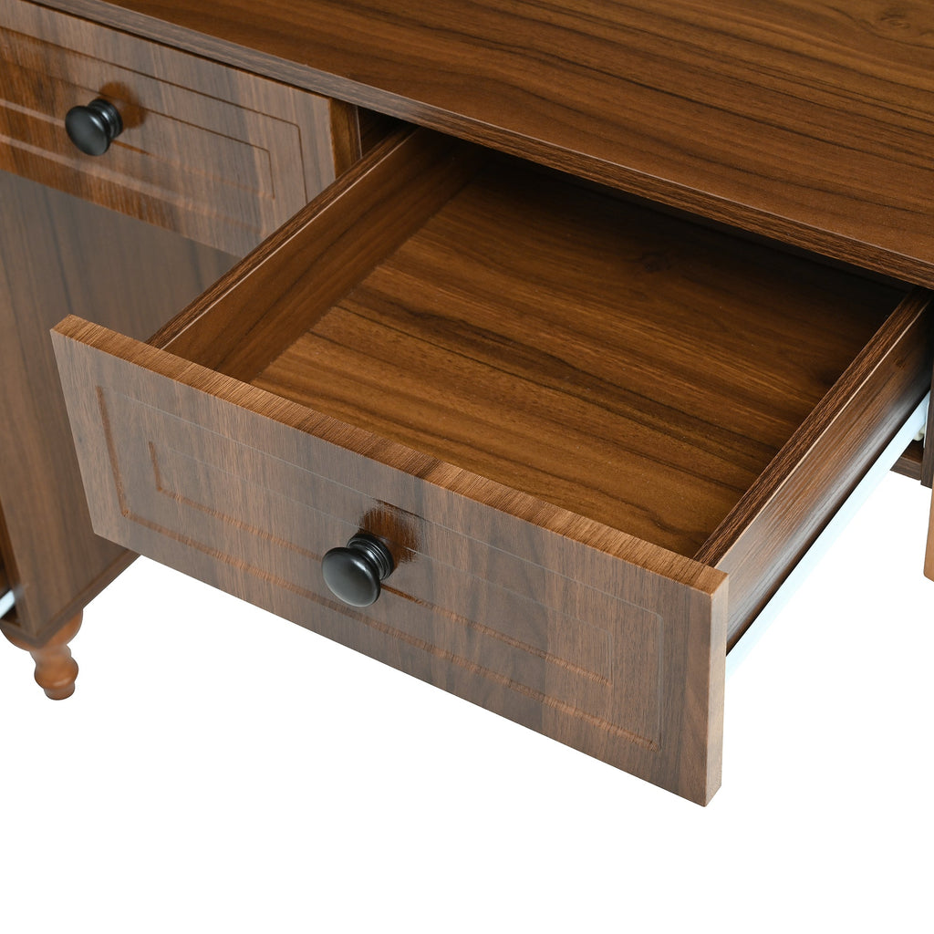 47'' Retro Desk with Charging Ports and Hutch Cabinet, Office Desk with 5 Storage Drawers and Transparent Glass-Door Bookshelf, Executive Computer Desk for Home Office, Bedroom, Walnut