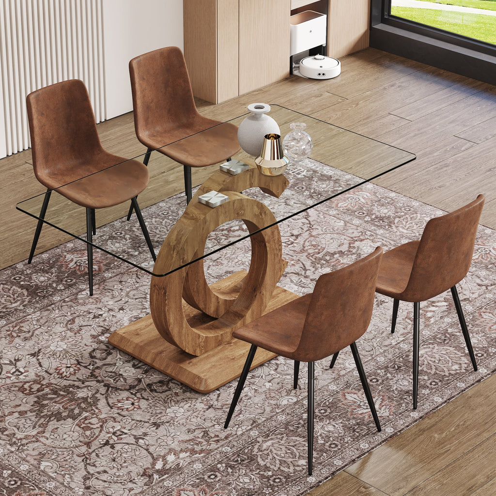 1 table and 4 chairs set.63'x35.4x30' Rectangular Transprant Tempered glass Dining Tabletop with Wood color MDF OC shaped bracket.Paired with 4 brown technology fabric dining chairs.W1151S02014