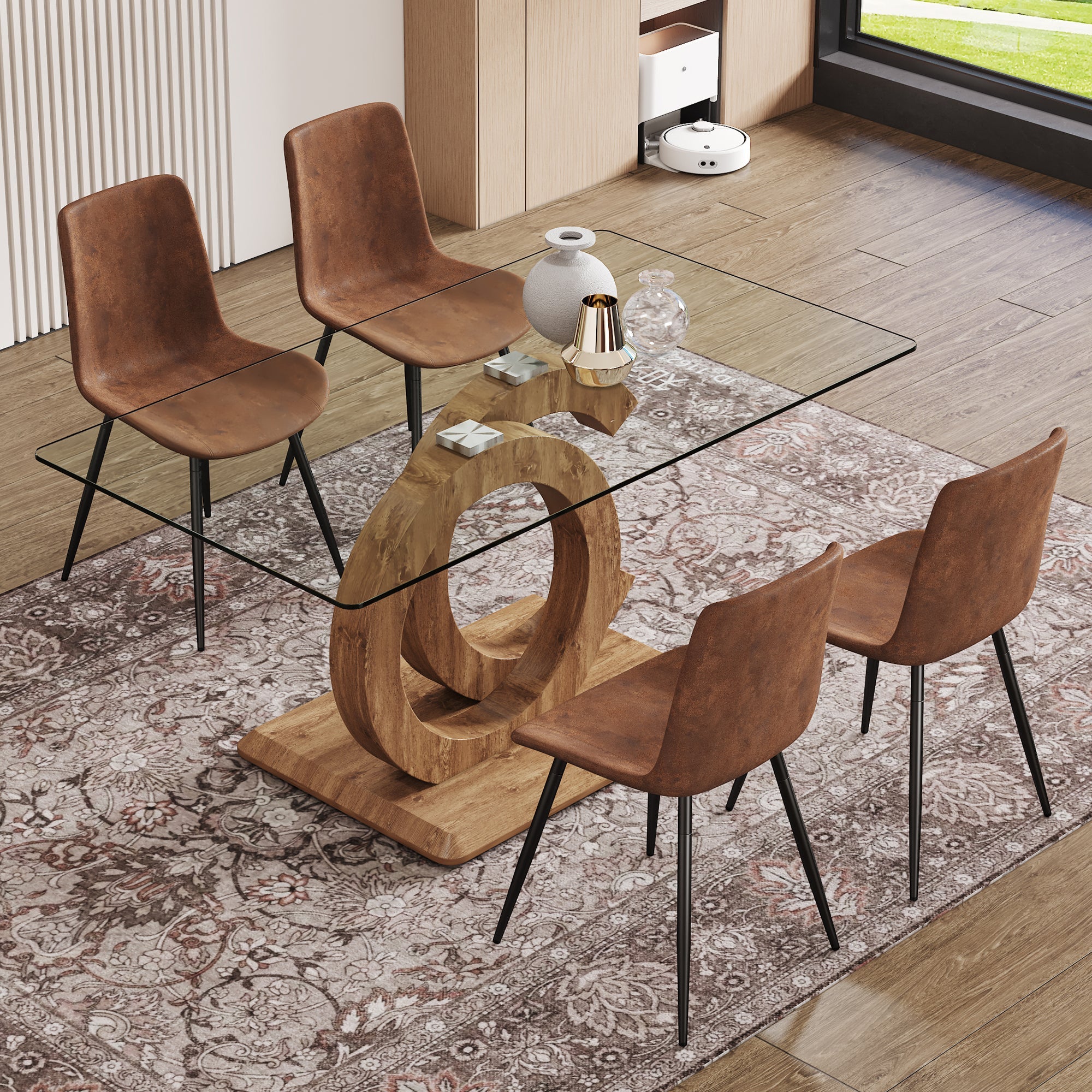 1 table and 4 chairs set.63'x35.4x30' Rectangular Transprant Tempered glass Dining Tabletop with Wood color MDF OC shaped bracket.Paired with 4 brown technology fabric dining chairs.W1151S02014