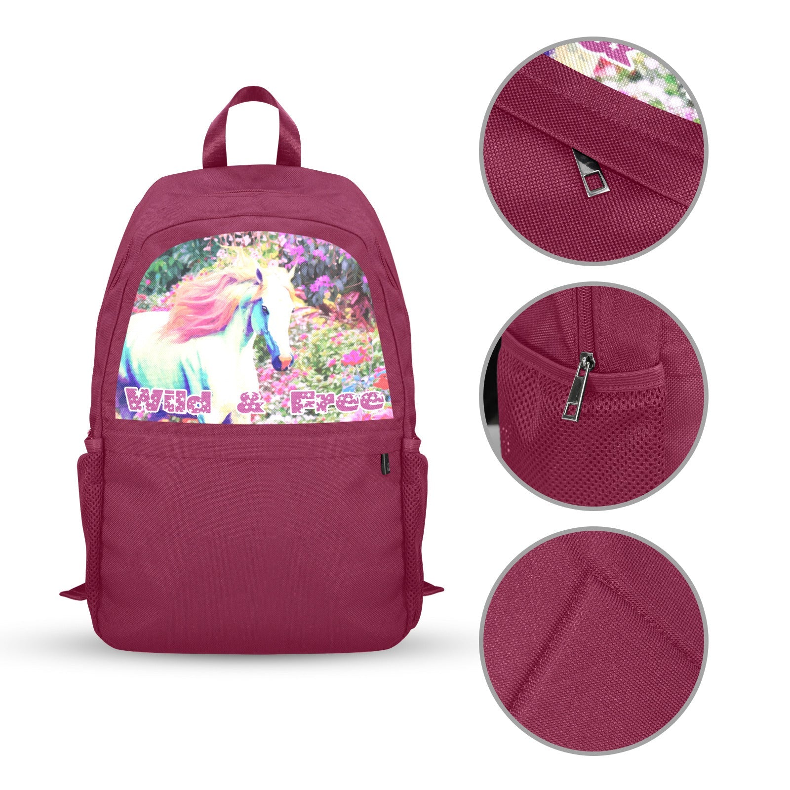 Wild & Free White Horse Magenta Backpack | Upper Part Printing