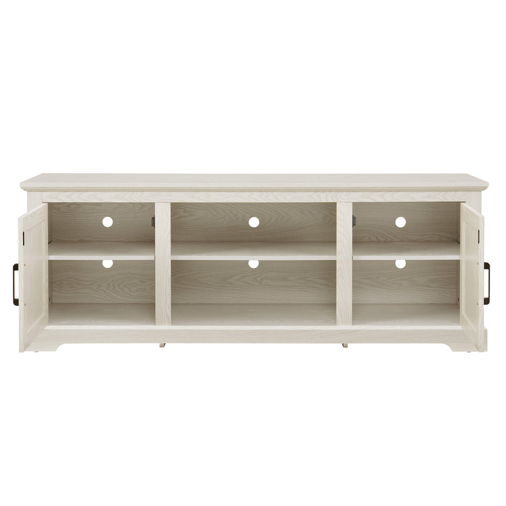 Farmhouse Rattan TV Stand Console Table for TVs up to 70 Inches, TV Console Table with 2 Storage Shelves, 2 Natural Rattan Door Cabinets,65'W*15.55'D*23.86'H, White