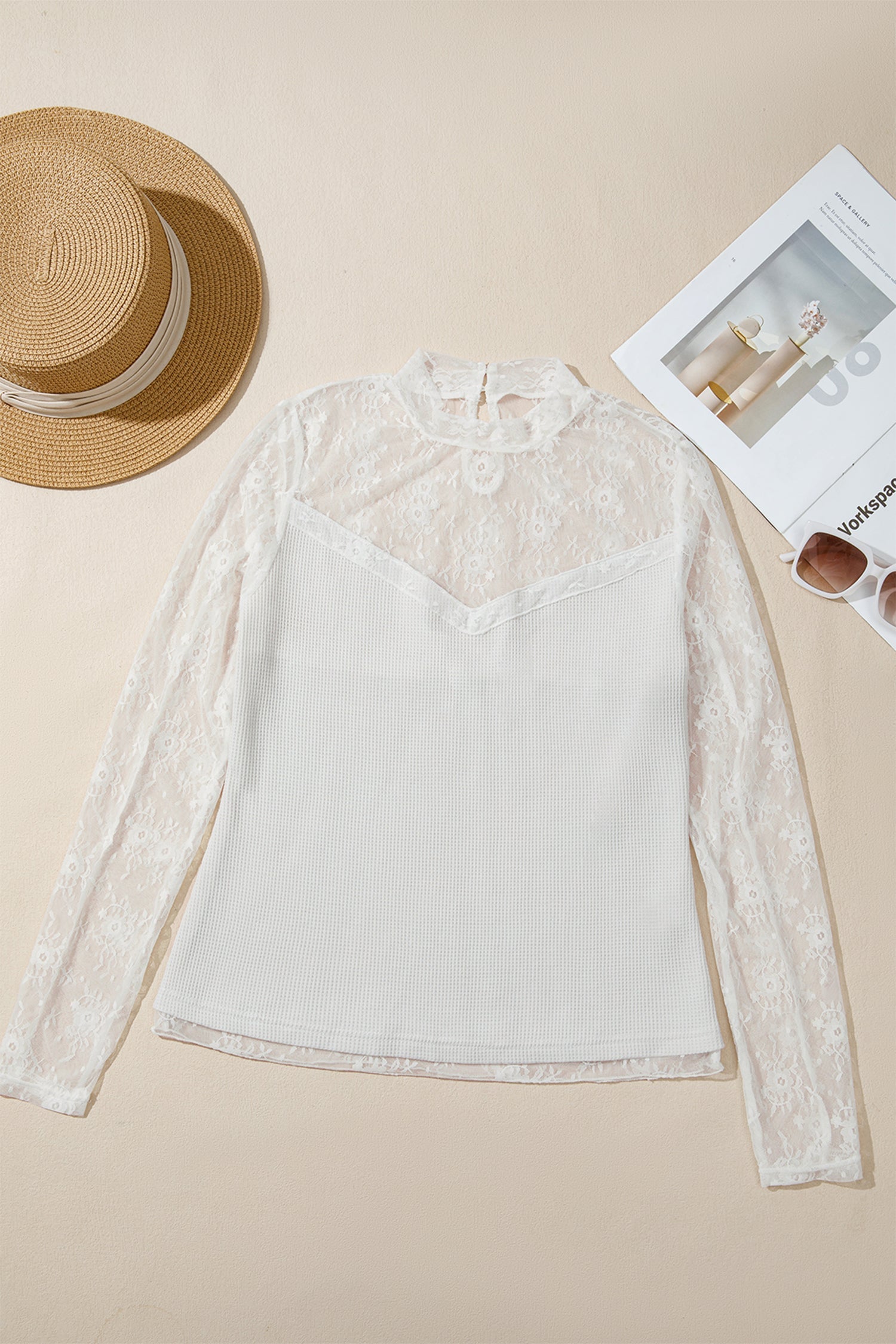 Lace Mesh Patchwork Ribbed Long Sleeve Top
