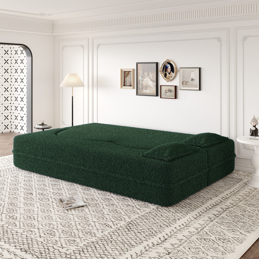 Modern Floor Sofa with 2 Pillows,Convertible Teddy Fabric Foam Filled Sleeper Sofa Bed,15 ' Full Size Folding Mattress for Living Room,Guest Bed,Playroom,no assembly required,Green